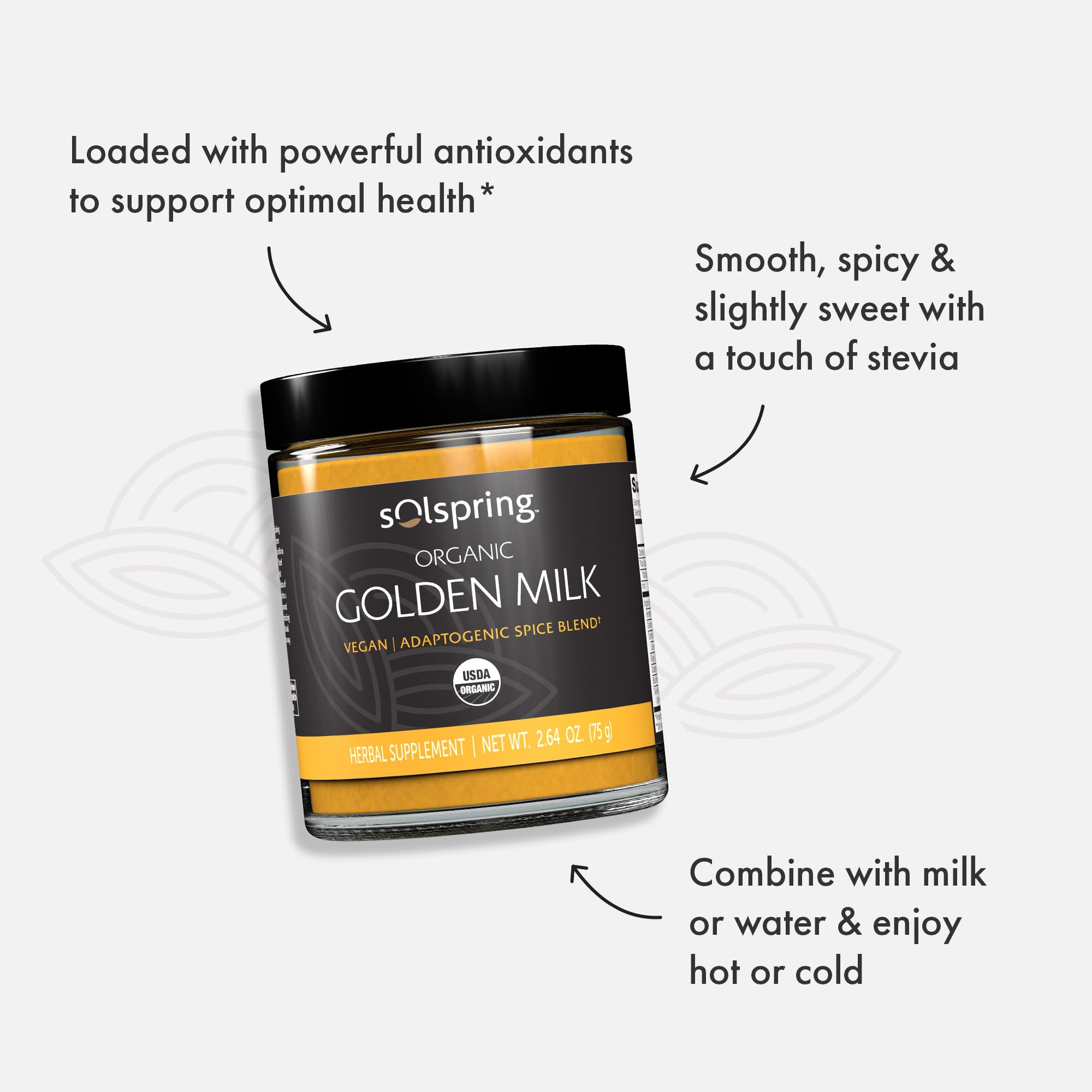Dr. Mercola Solspring Golden Milk — épices fonctionnelles comme cardamome et tulsi pour enrichir le profil aromatique.