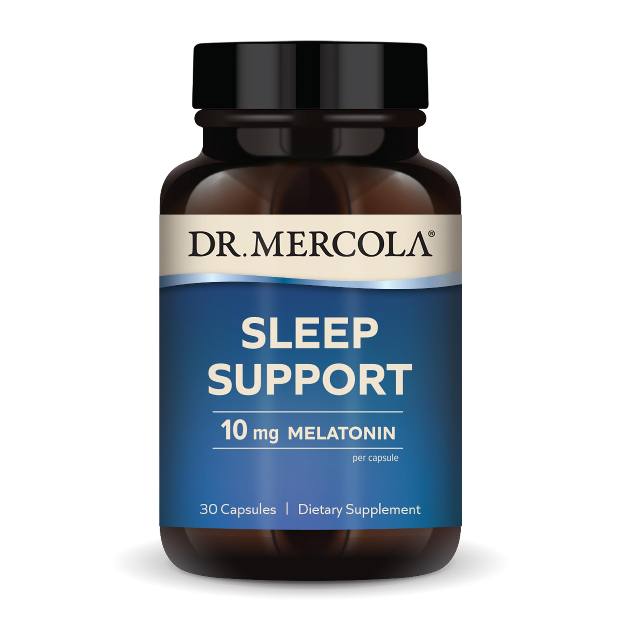 Dr. Mercola Sleep Support avec Mélatonine: bouteille montrée, soutien potentiel au sommeil.