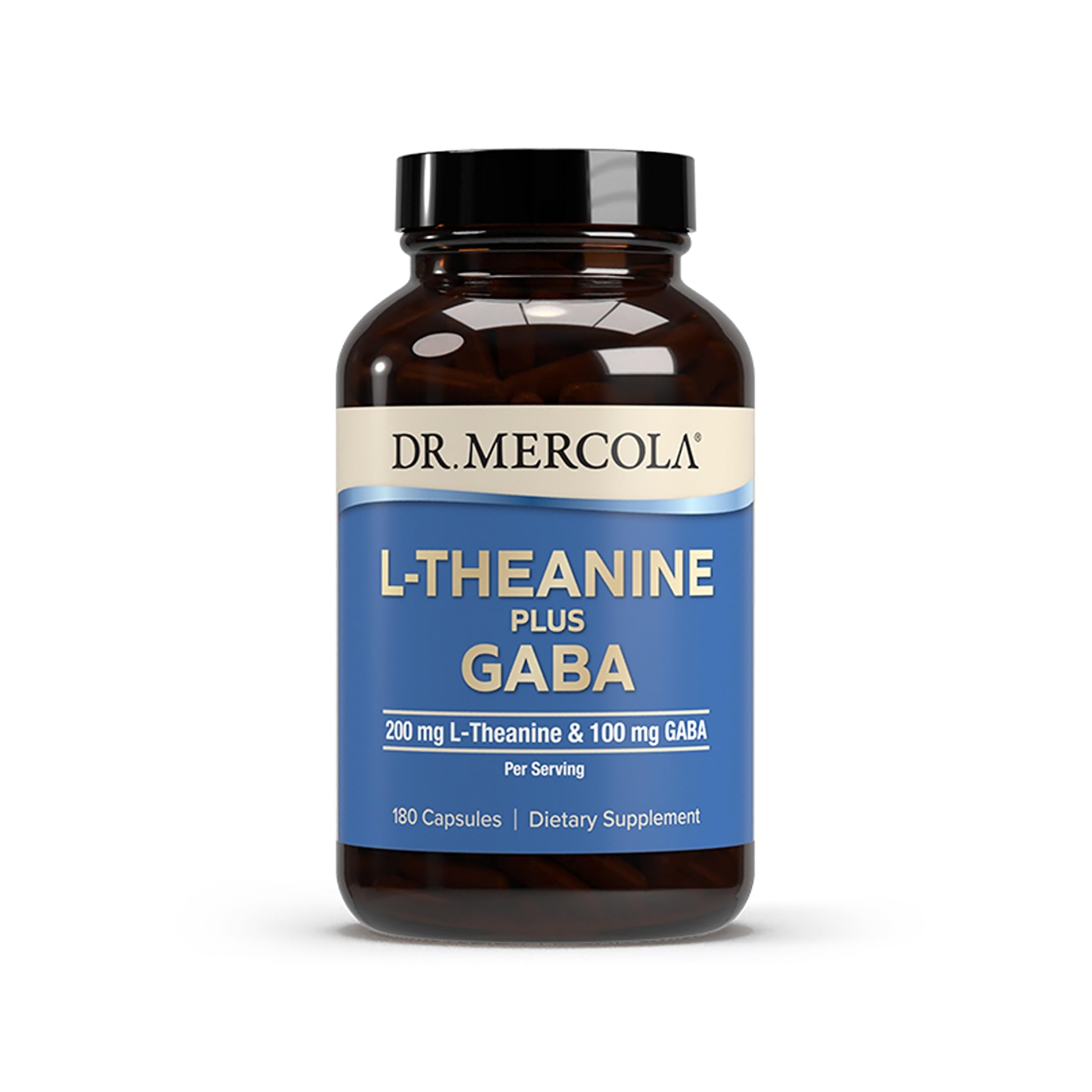 Dr. Mercola L-Theanine Plus GABA, bouteille, solution pratique pour la relaxation quotidienne.