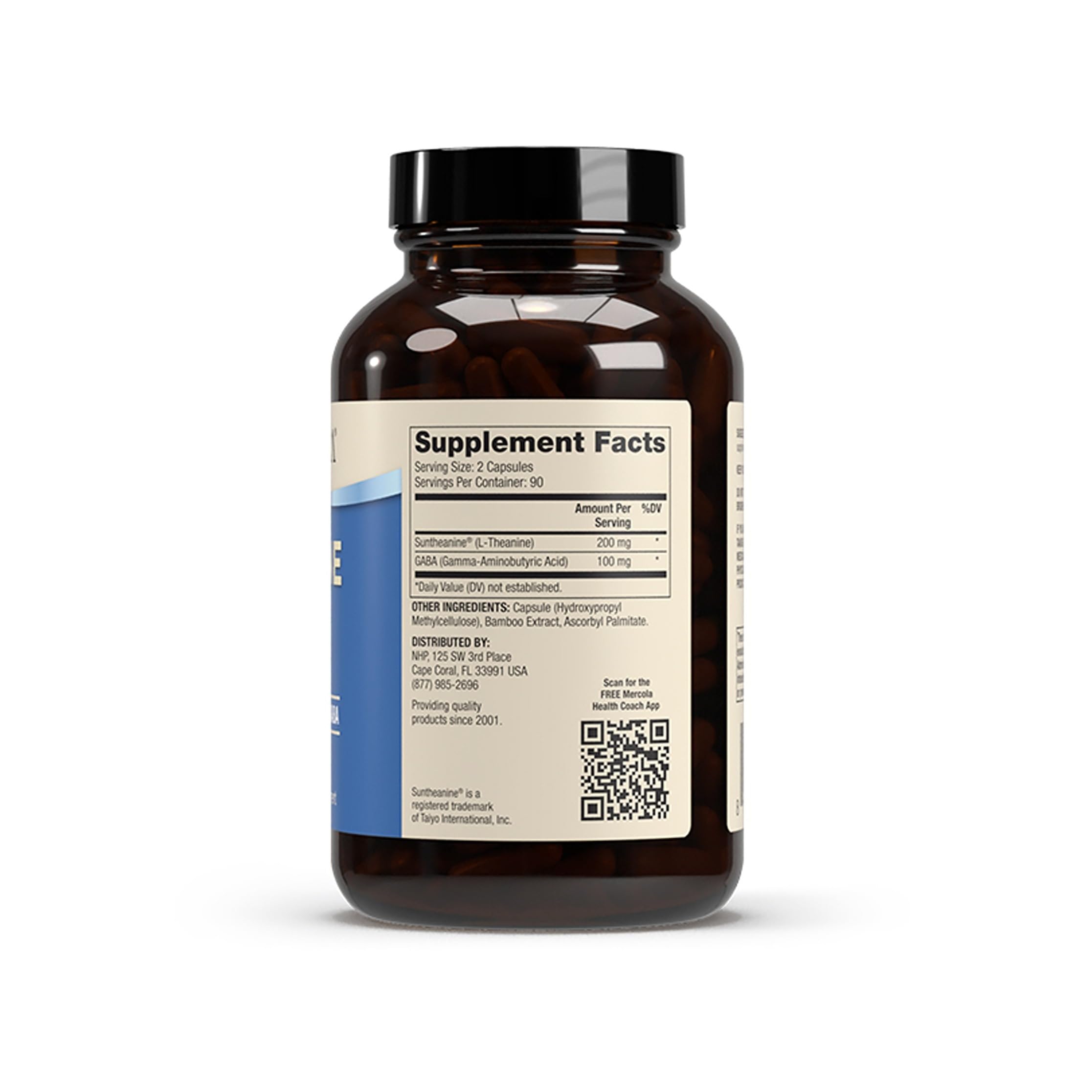 Capsules Dr. Mercola Theanine GABA, texture douce aidant à la concentration.