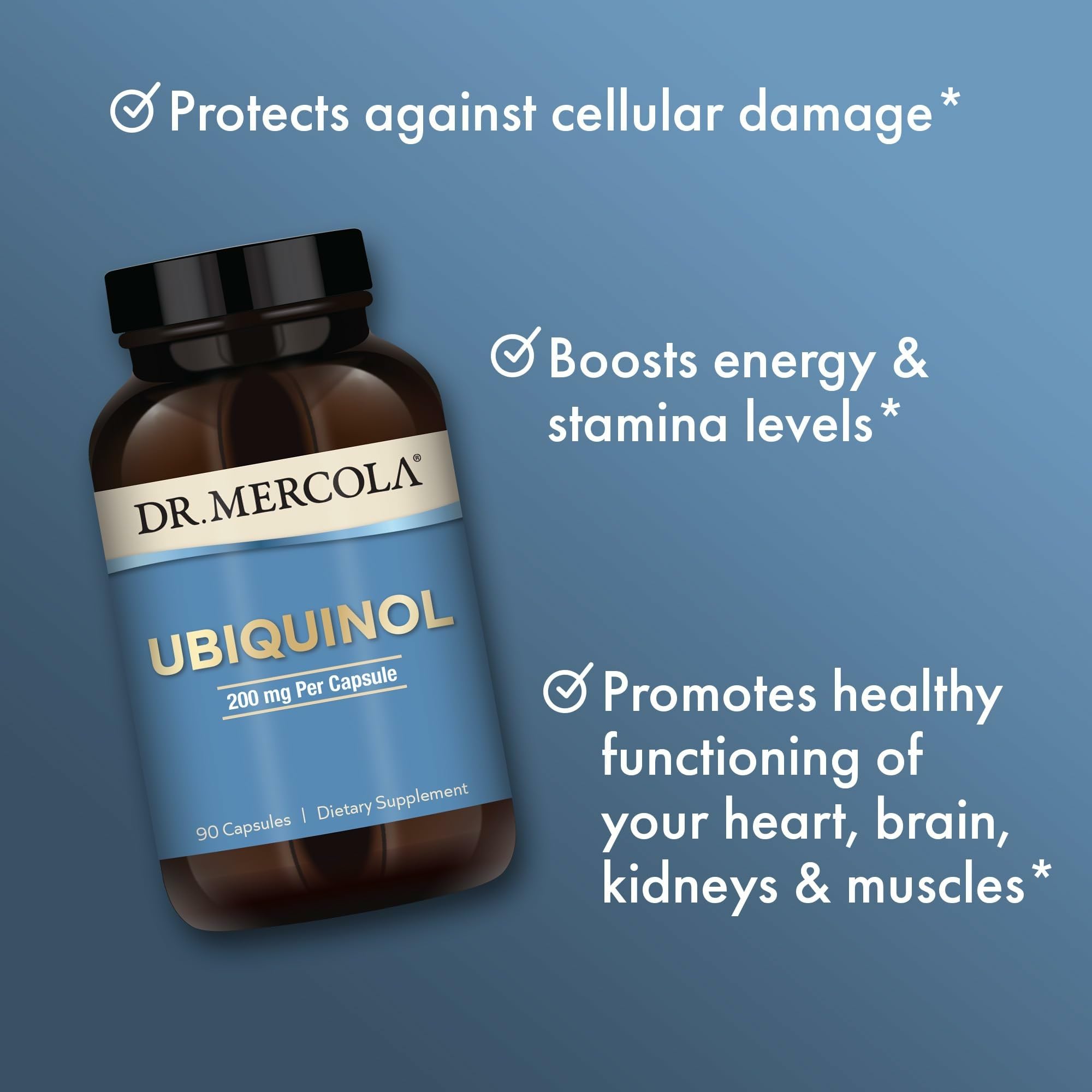 Dr. Mercola Ubiquinol – capsules visibles, antioxydant lipid-soluble pour les cellules.