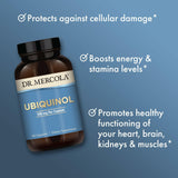 Dr. Mercola Ubiquinol – capsules visibles, antioxydant lipid-soluble pour les cellules.