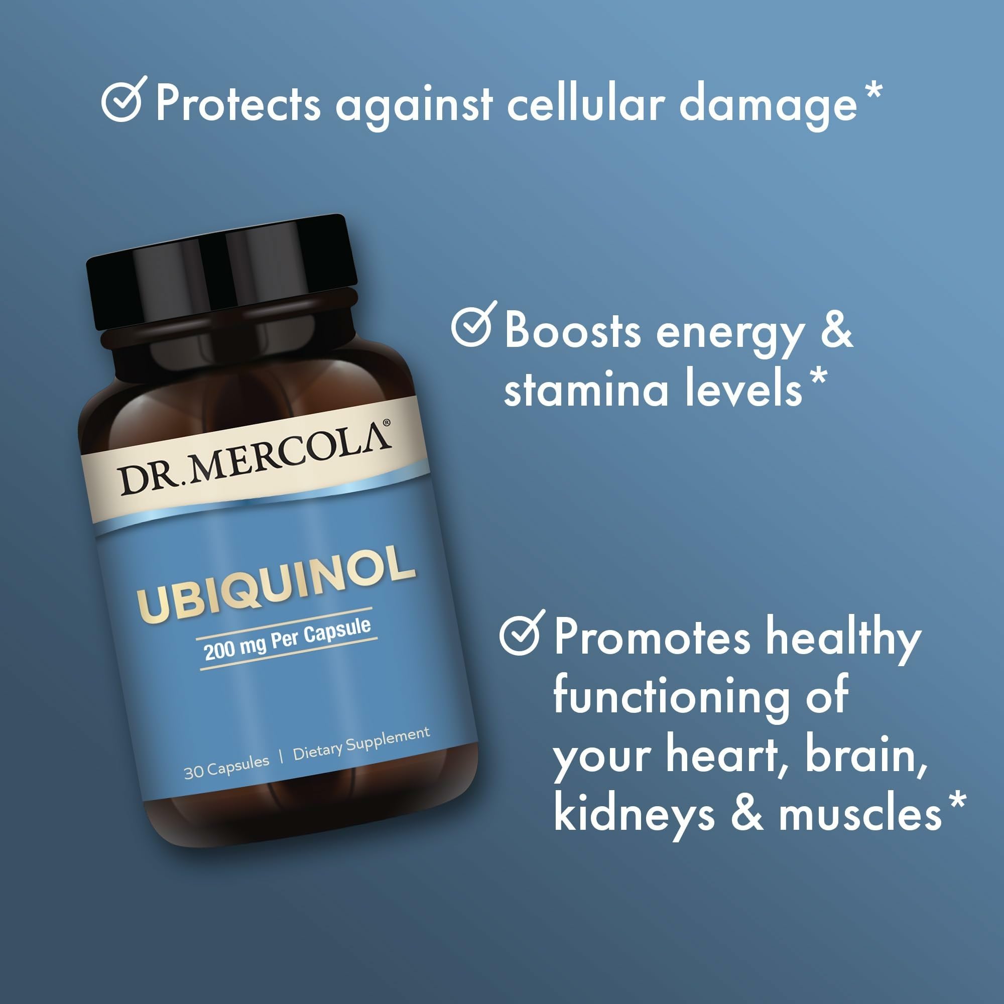Dr. Mercola Ubiquinol 200 mg – Étiquette Kaneka Ubiquinol et fermentation avancée.