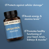 Arrière de la boîte Dr. Mercola Ubiquinol montrant les détails ingrédients et procédé.