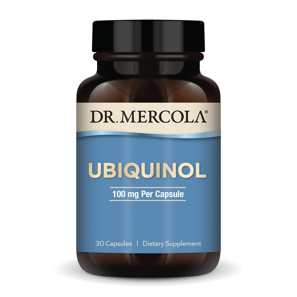 Dr. Mercola Ubiquinol, bouteille de 30 gélules offrant un soutien énergétique potentiel.