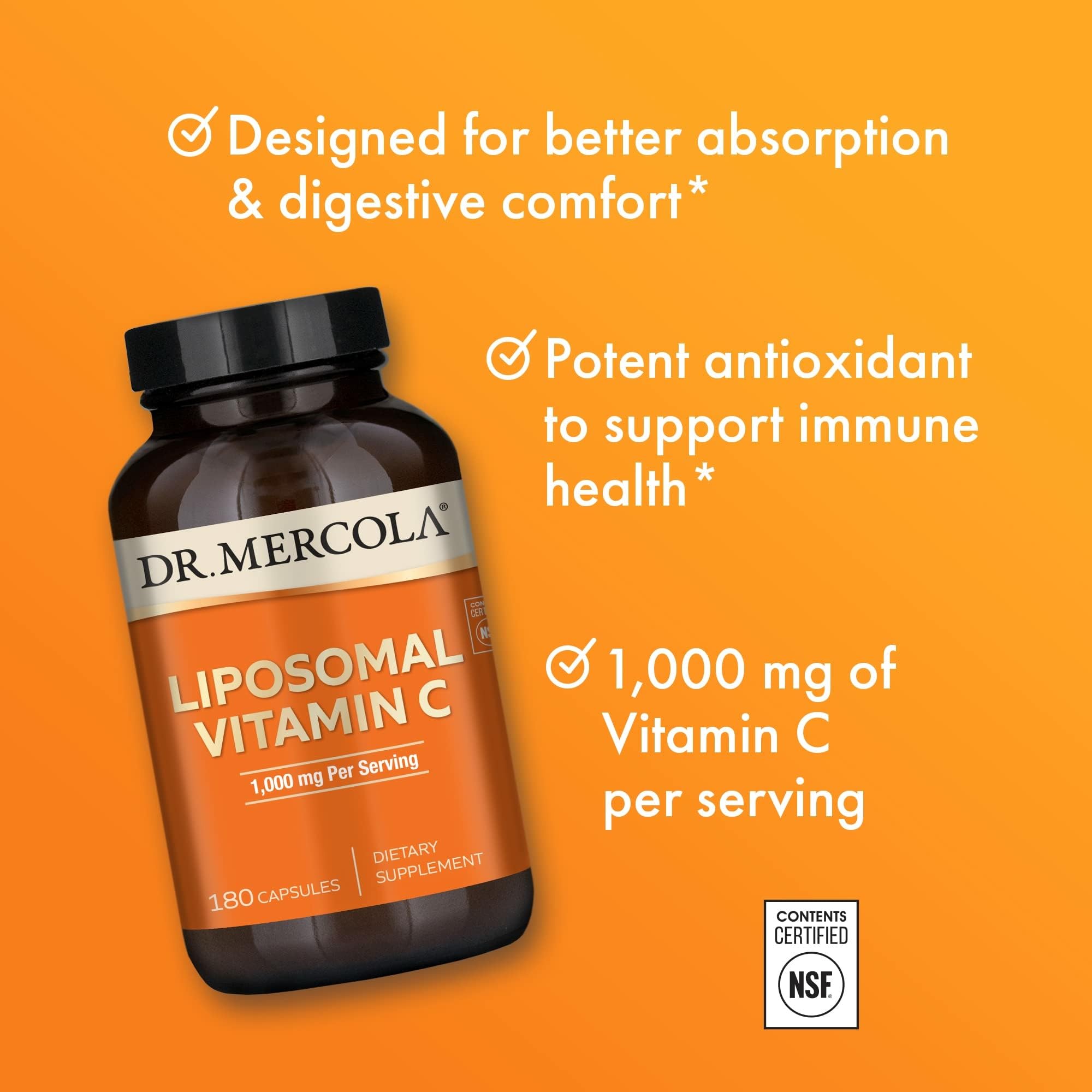 Dr. Mercola Vitamine C liposomale : emballage indiquant sans gluten et sans soja.