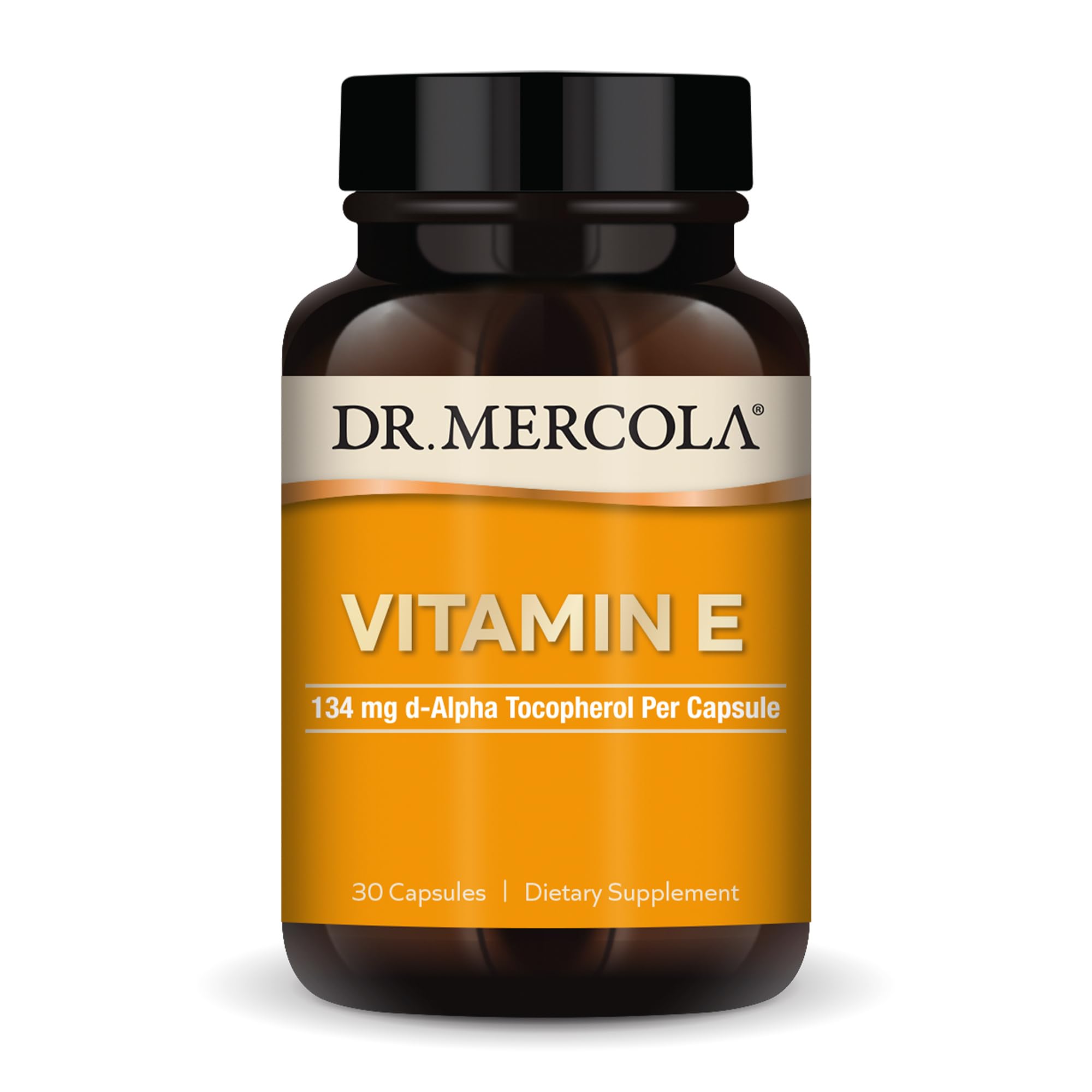 Bouteille Dr. Mercola Vitamine E avec étiquette montrant la formulation complète