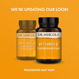 Étiquette et emballage Dr. Mercola Vitamine E indiquant Sans OGM et Sans soja