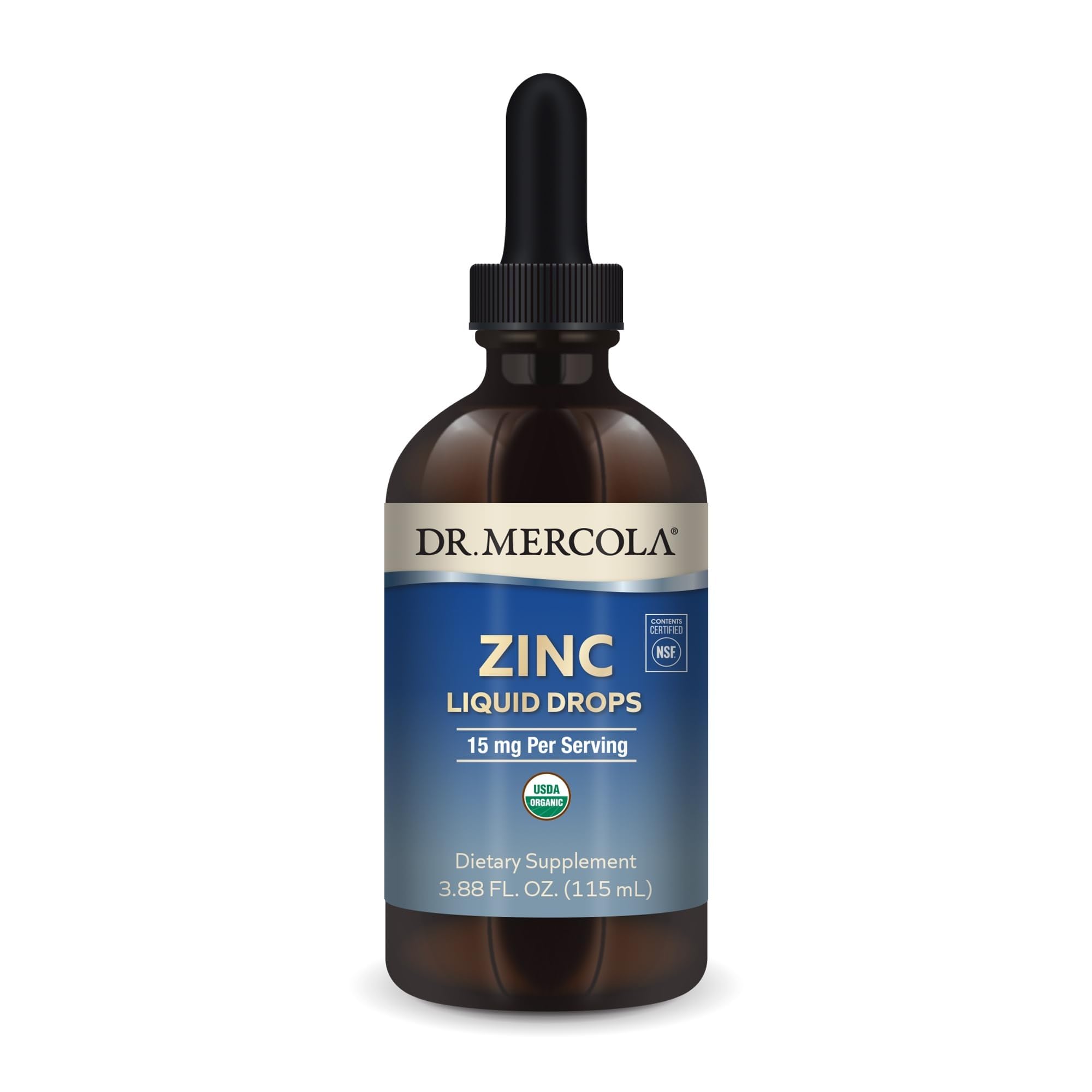 Dr. Mercola Zinc Liquide – bouteille claire, dosage précis au quotidien.