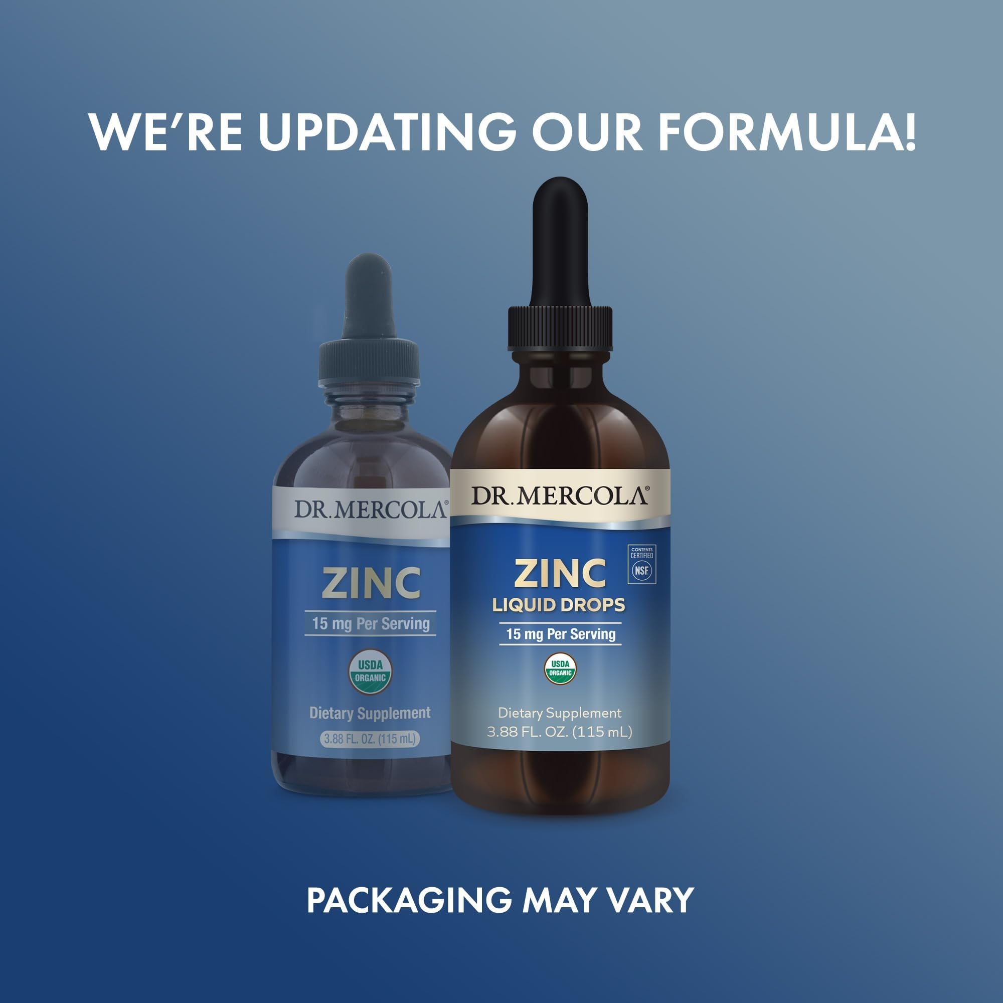 Dr. Mercola Zinc Liquide – logos NSF pour sécurité et pureté.