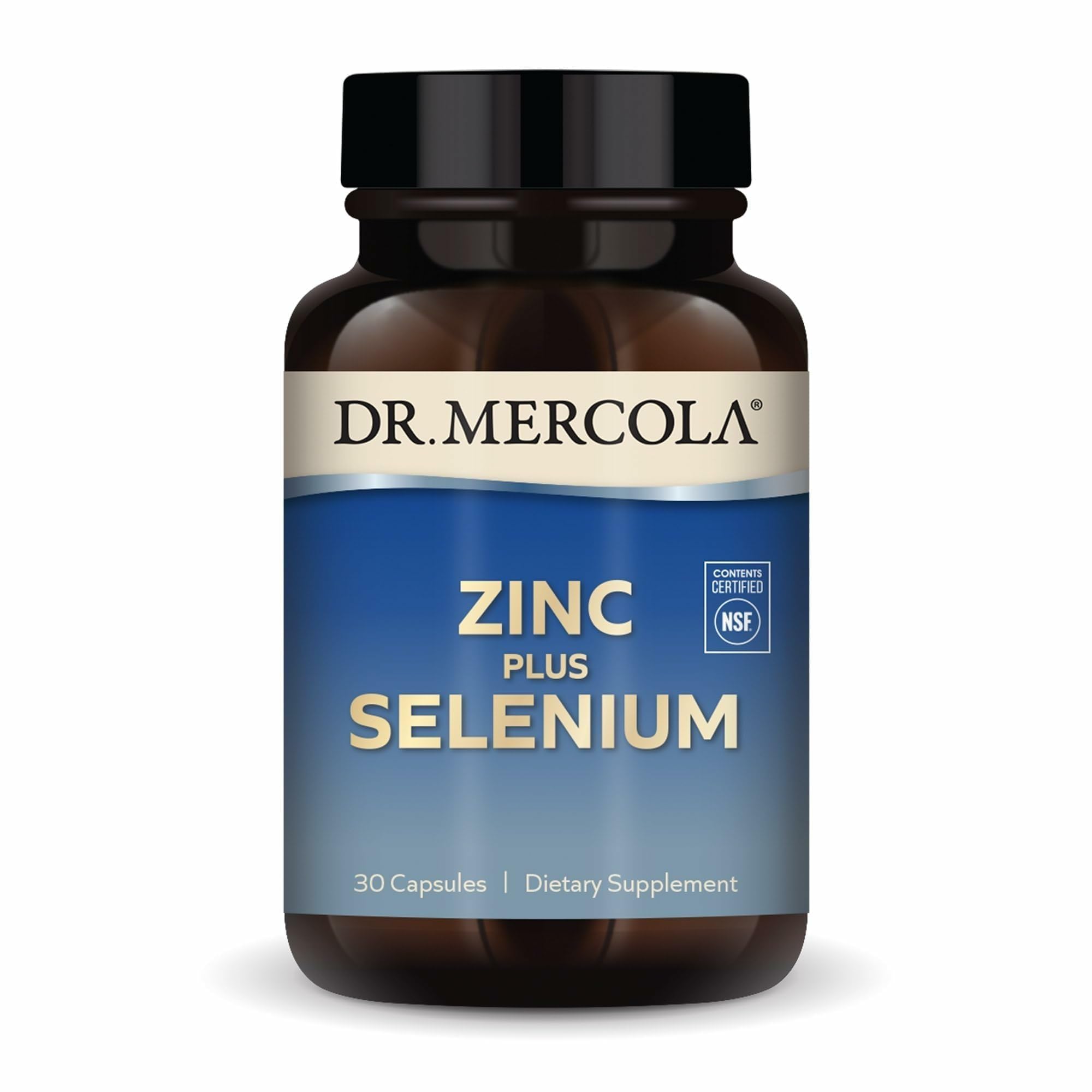 Dr. Mercola Zinc Plus Selenium — capsules en gros plan, soutien potentiel du système immunitaire