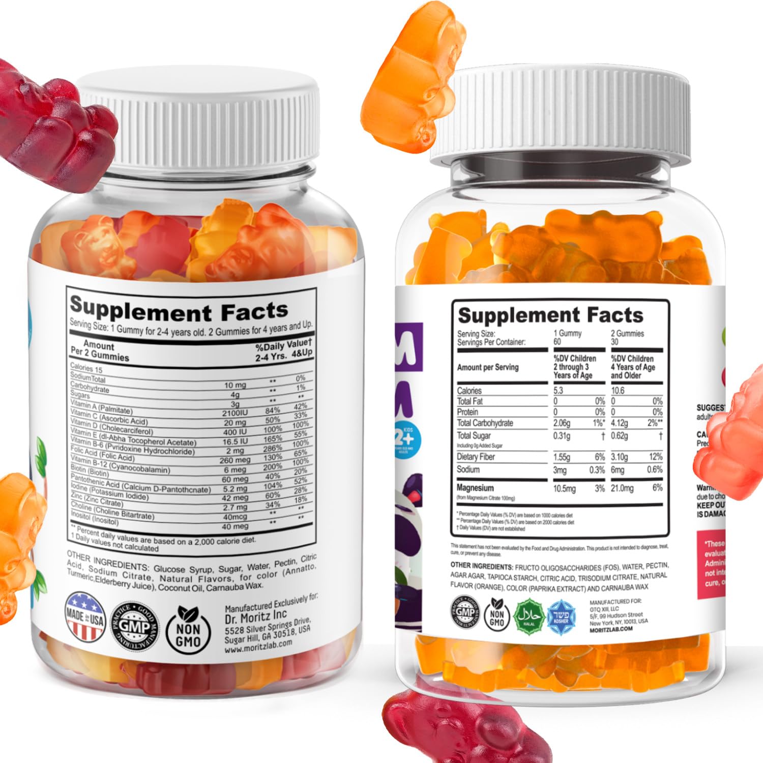 Gommes DR. MORITZ Multivitamines pour enfants, bouteille colorée, apport nutritionnel potentiel.