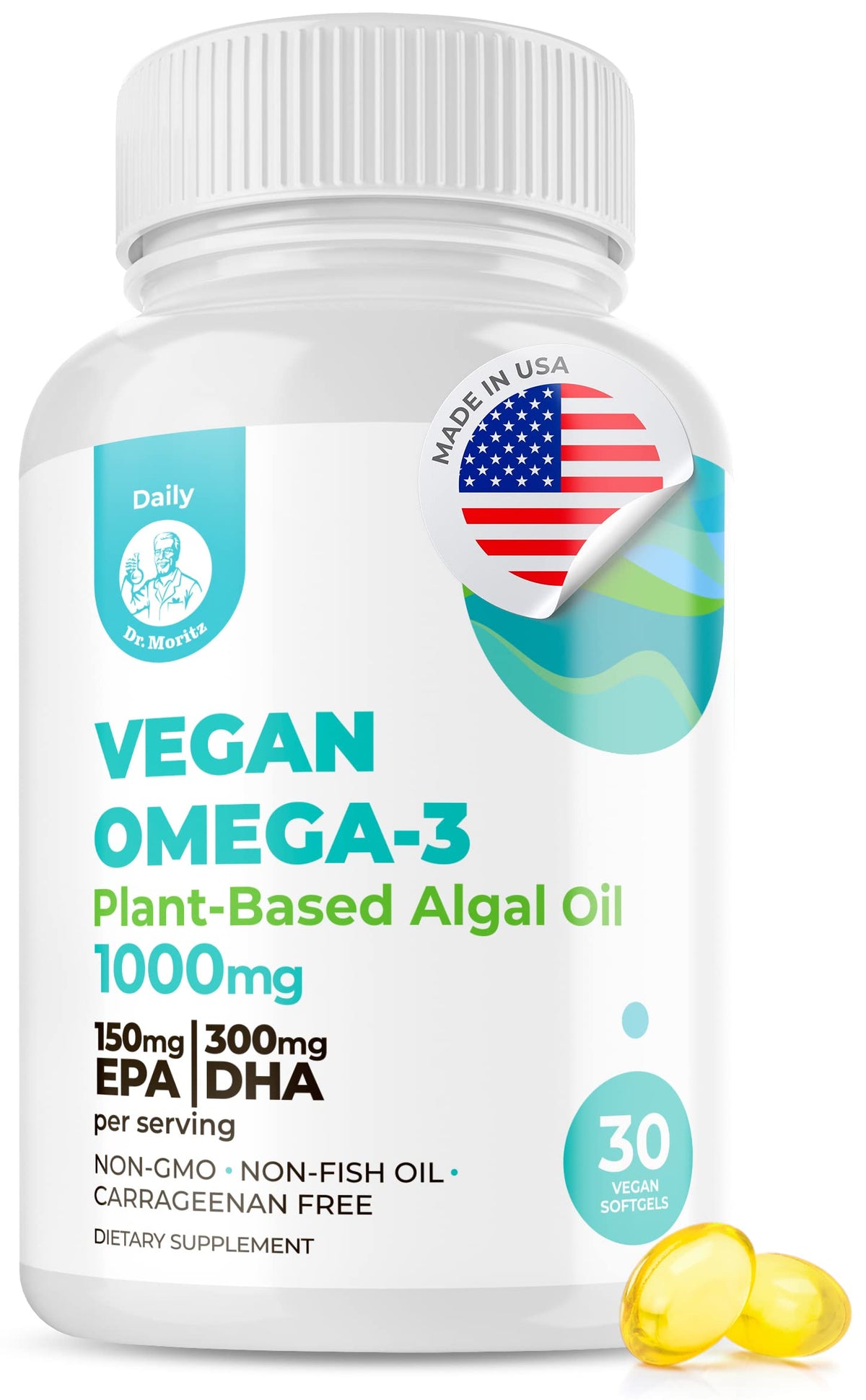 DR. MORITZ Omega-3 vegan - bouteille et capsules, soutien potentiel du cœur.