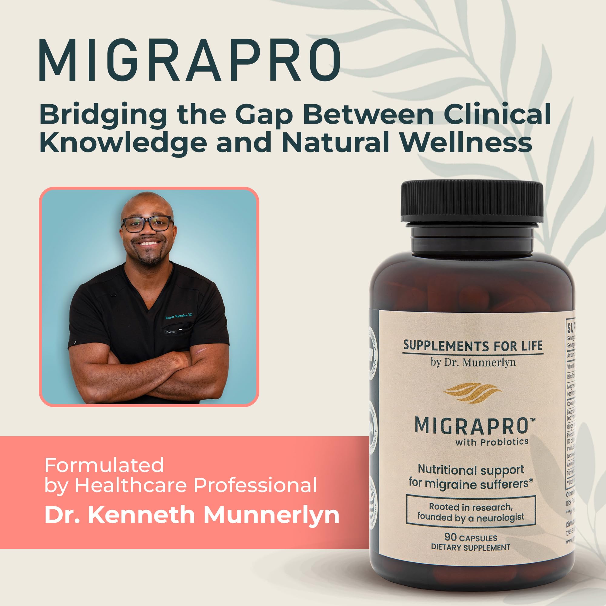 Dr. Munnerlyn MigraPro – tableau d’ingrédients illustrant probiotiques et extraits naturels