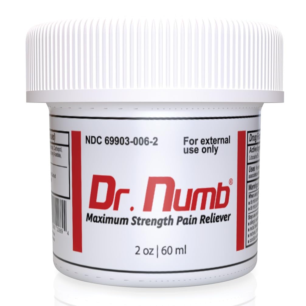 Dr. Numb crème 5% lidocaïne, bouteille 59 ml, soulagement rapide possible.