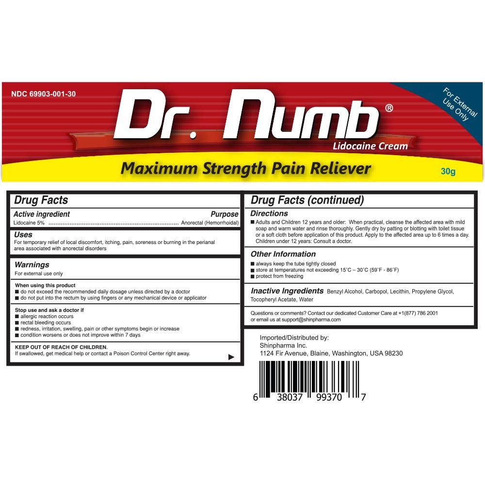 Emballage 30 g Dr. Numb lidocaïne 5% recommandé par les professionnels.