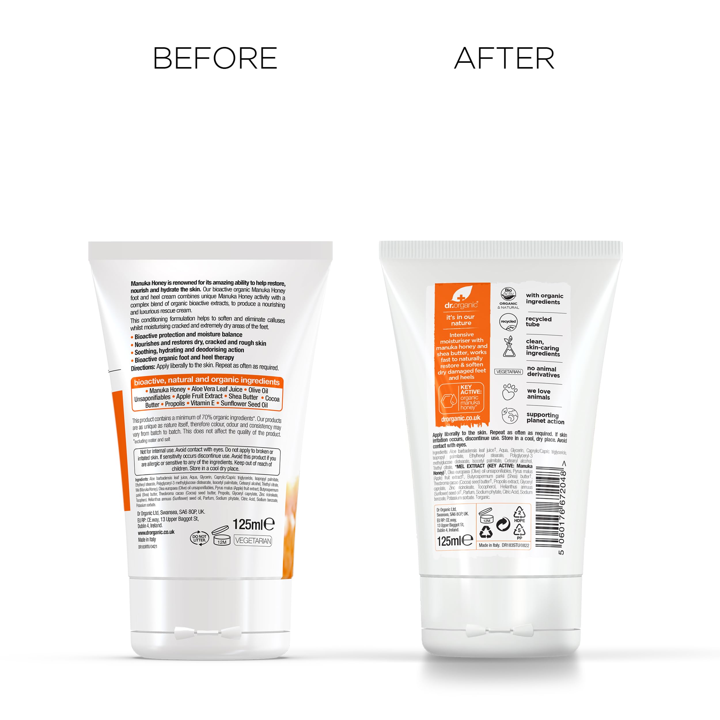Crème pieds Dr Organic – enrichie en Manuka et propolis pour confort.