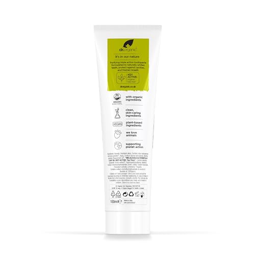 Emballage du dentifrice arbre à thé, logo Dr.organic et design naturel.