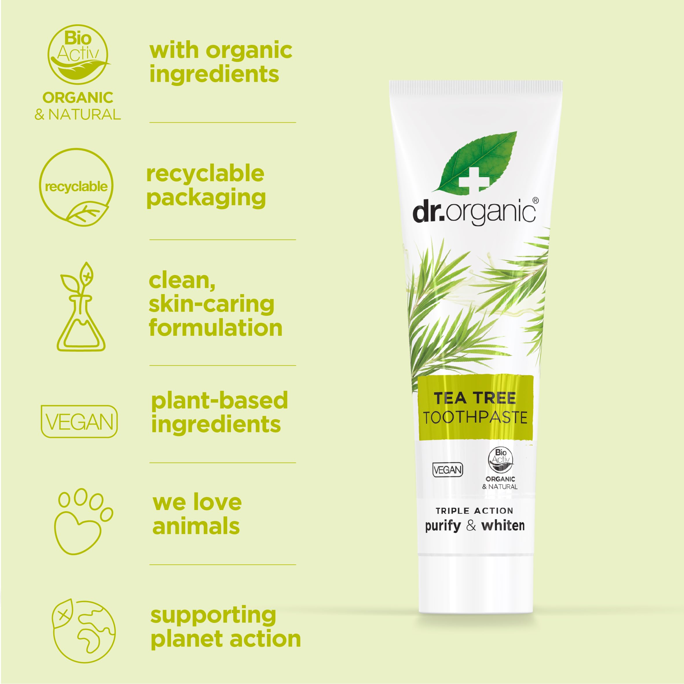 Étiquetage du dentifrice arbre à thé, sans parabènes.