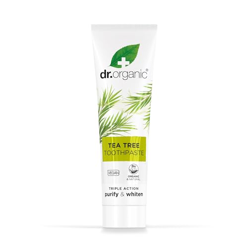 Dr.organic dentifrice arbre à thé tube détail, texture crème.