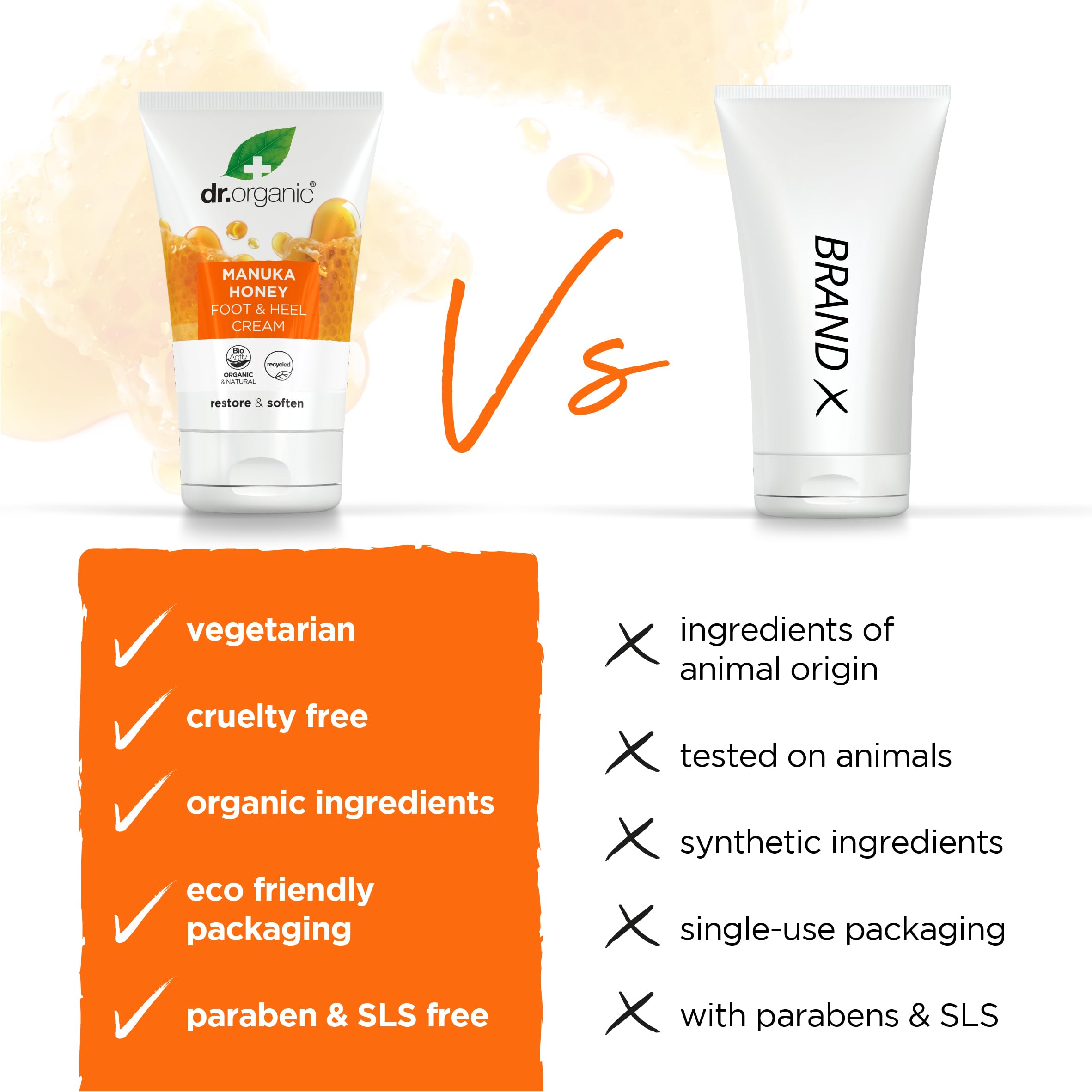 Ingrédients bios Dr Organic – soin nutritif pour pieds secs.