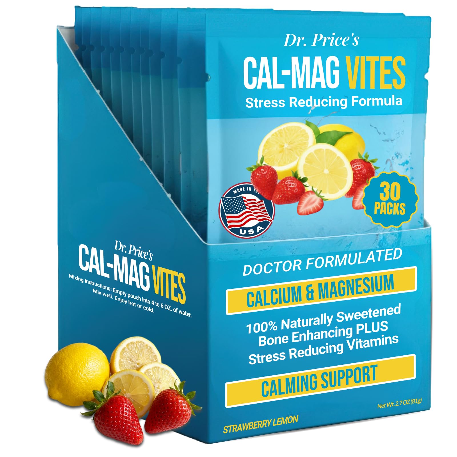 Dr. Price's Cal-Mag Vites — boîte sachets fraise-citron, pratique pour l'apport minéral quotidien.