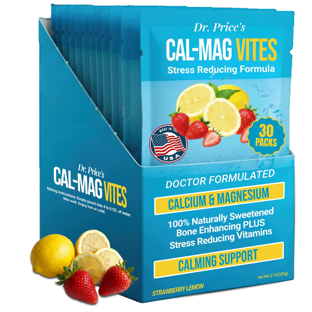 Dr. Price's Cal-Mag Vites — boîte sachets fraise-citron, pratique pour l'apport minéral quotidien.