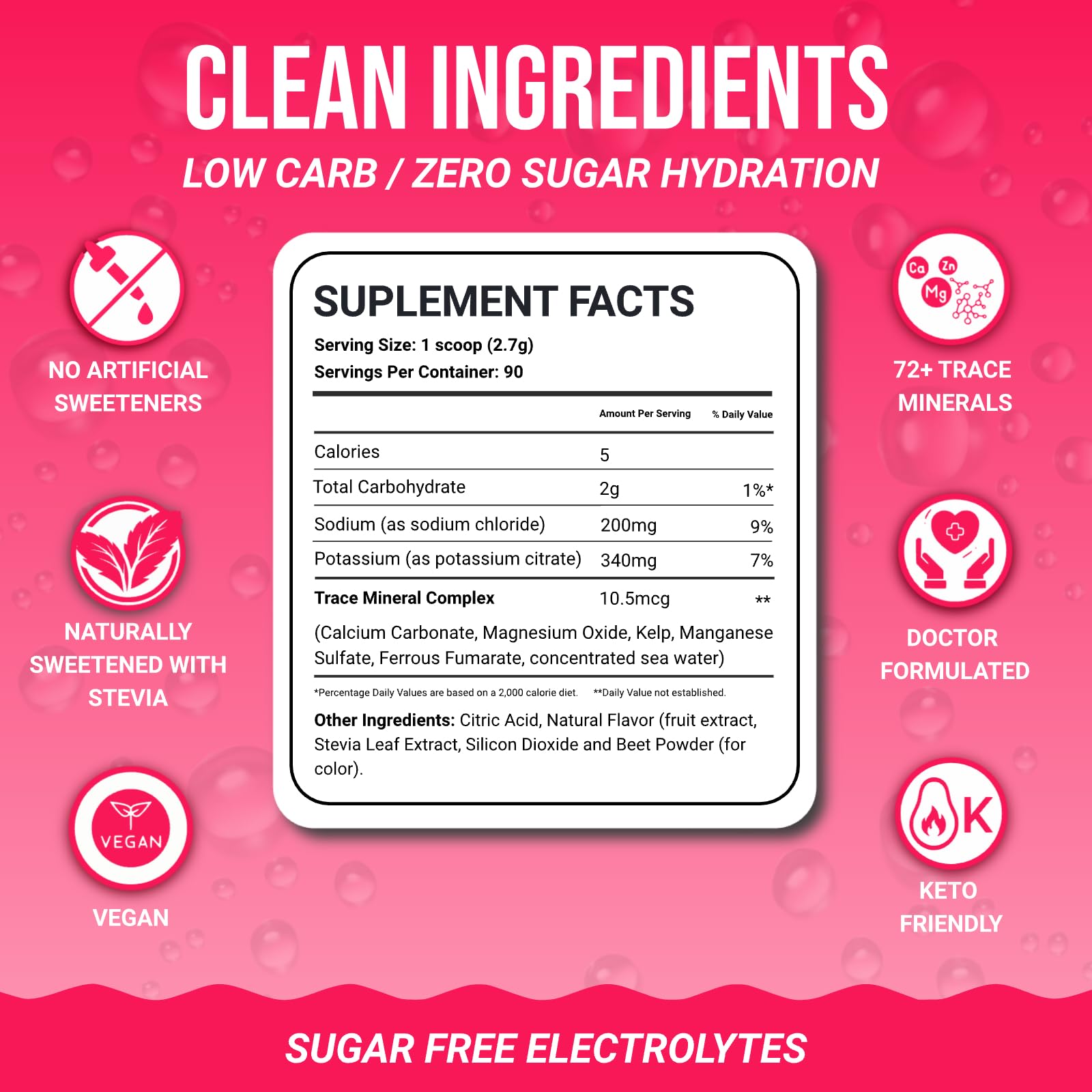 Dr. Price's Électrolytes étiquette sans sucre, keto et vegan.