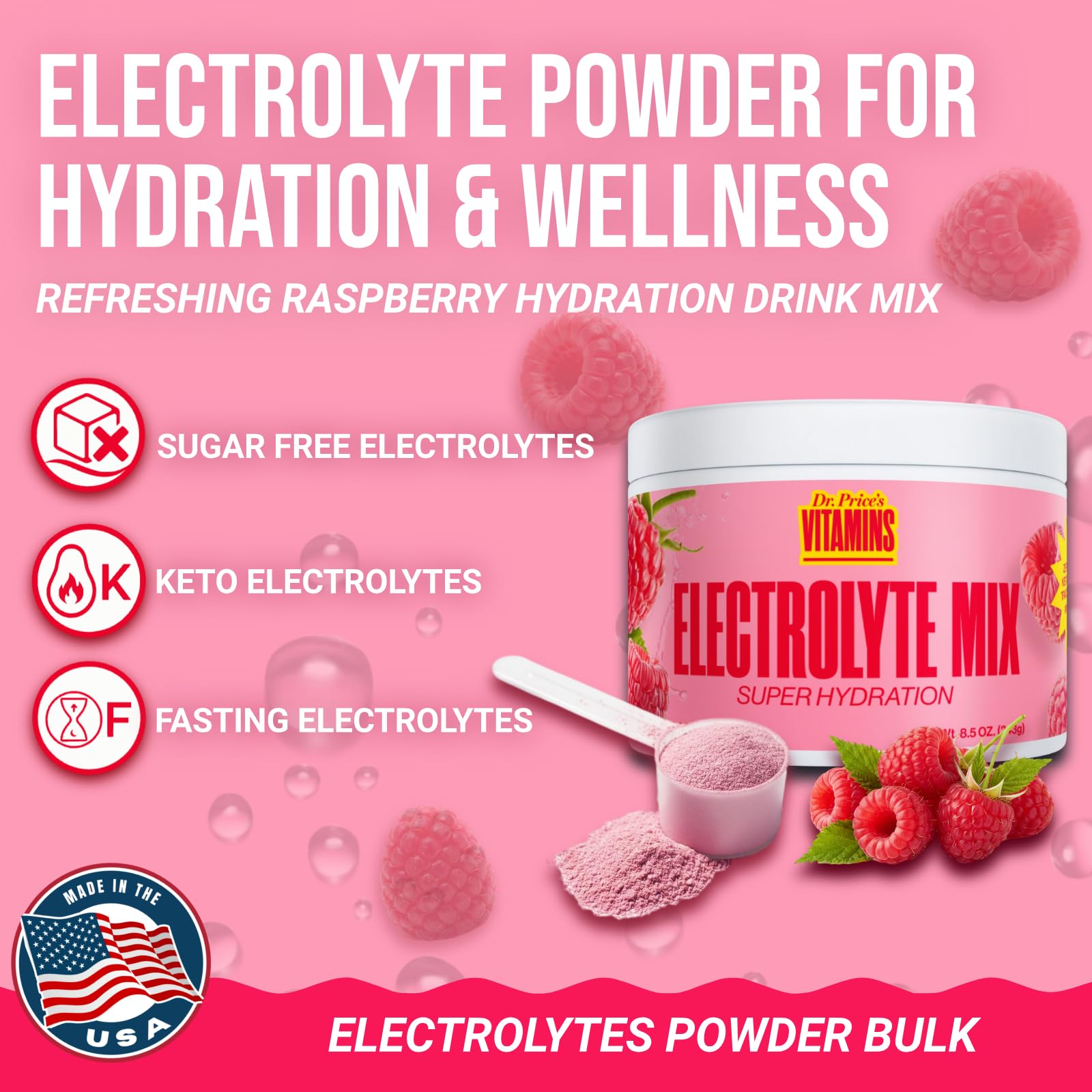 Dr. Price's Électrolytes mélange framboise dans l'eau, boisson rafraîchissante.