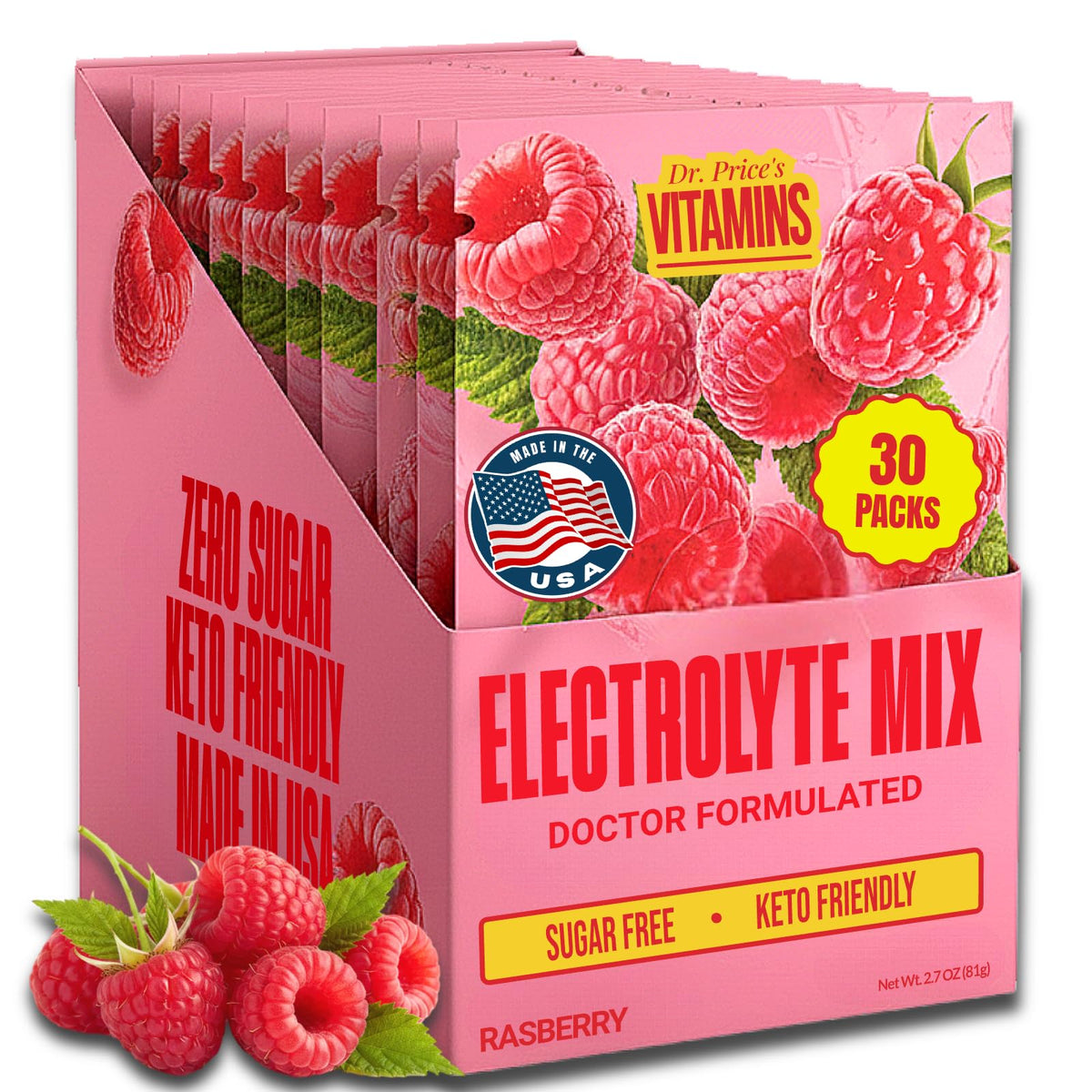 Dr Price's Électrolytes, pochette framboise, hydratation rapide et pratique.