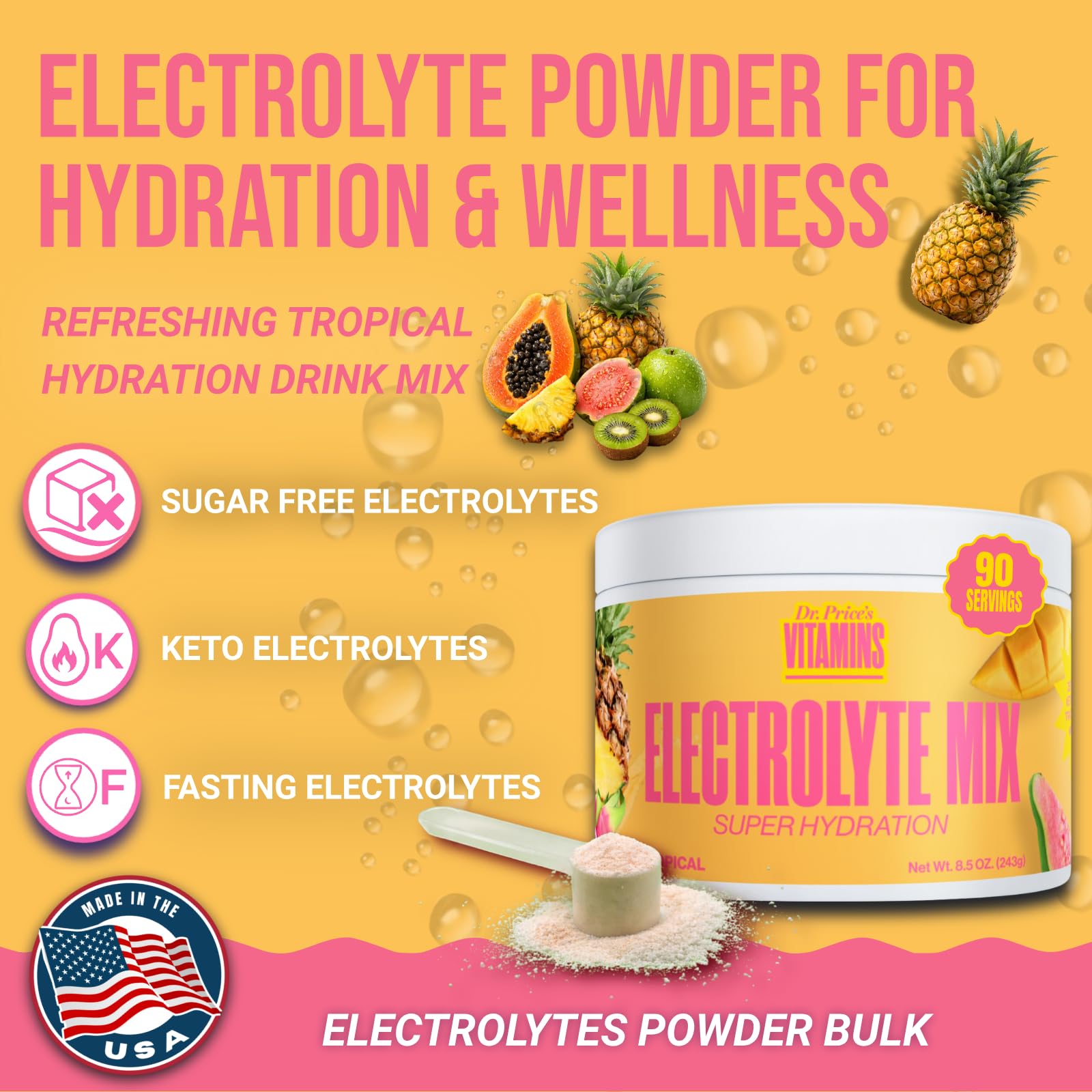 Dr. Price’s Electrolytes en poudre, contient 72 minéraux pour soutenir l'hydratation et la récupération.
