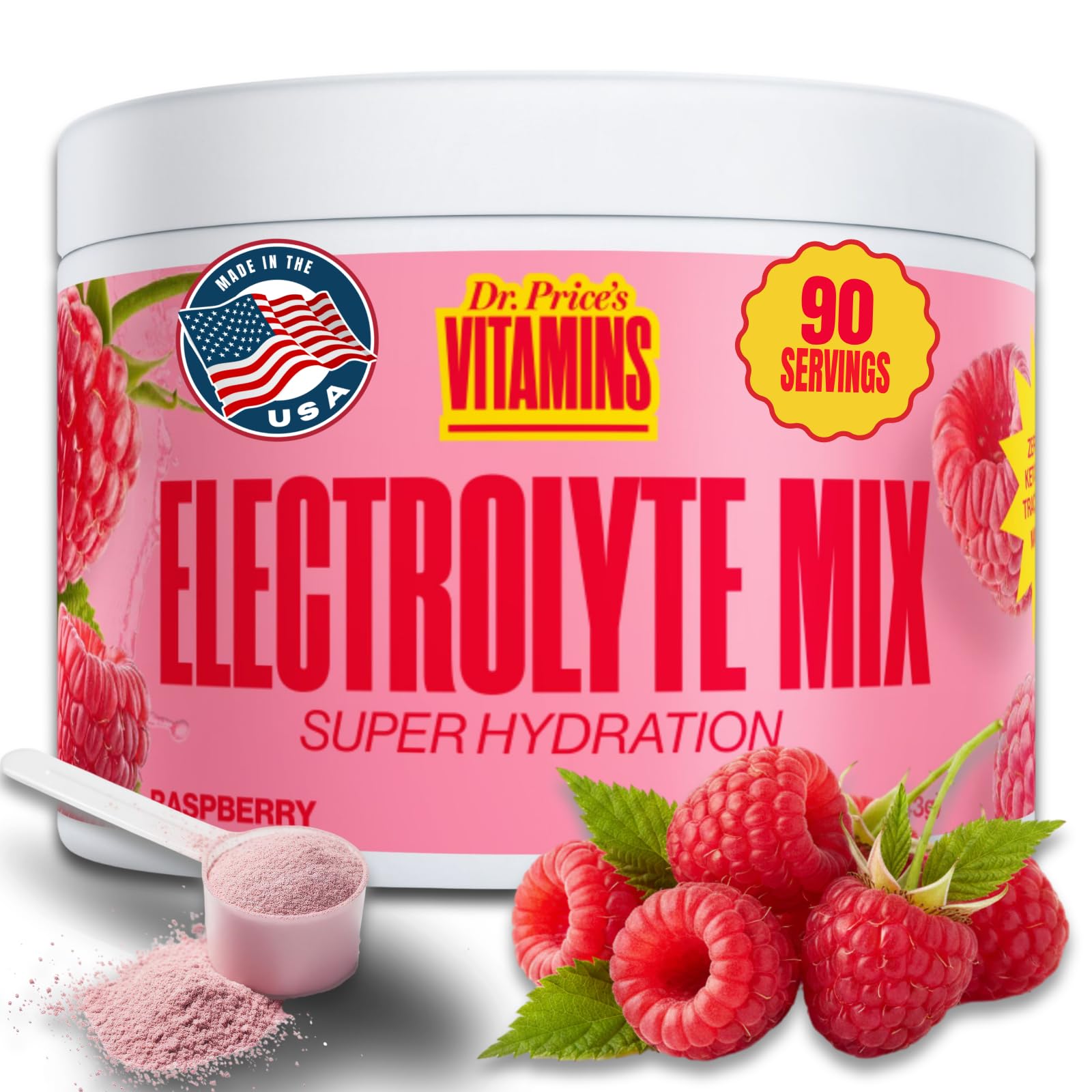 Dr. Price's Électrolytes en poudre framboise dans une bouteille, hydratation pratique.