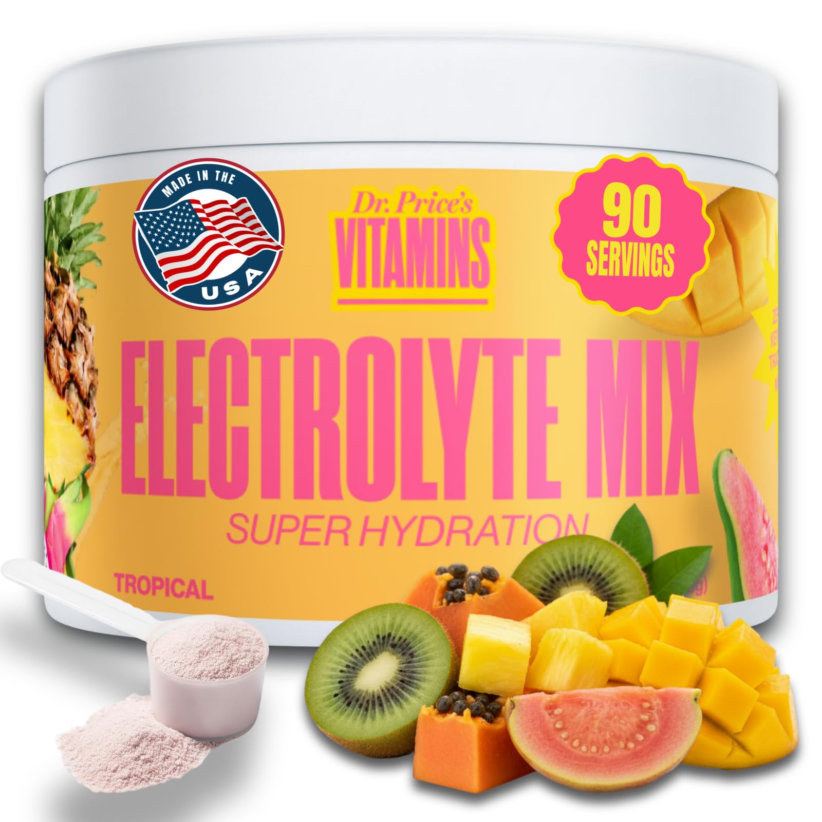 Dr. Price’s Electrolytes en poudre saveur tropicale se mélange facilement pour une hydratation rapide.
