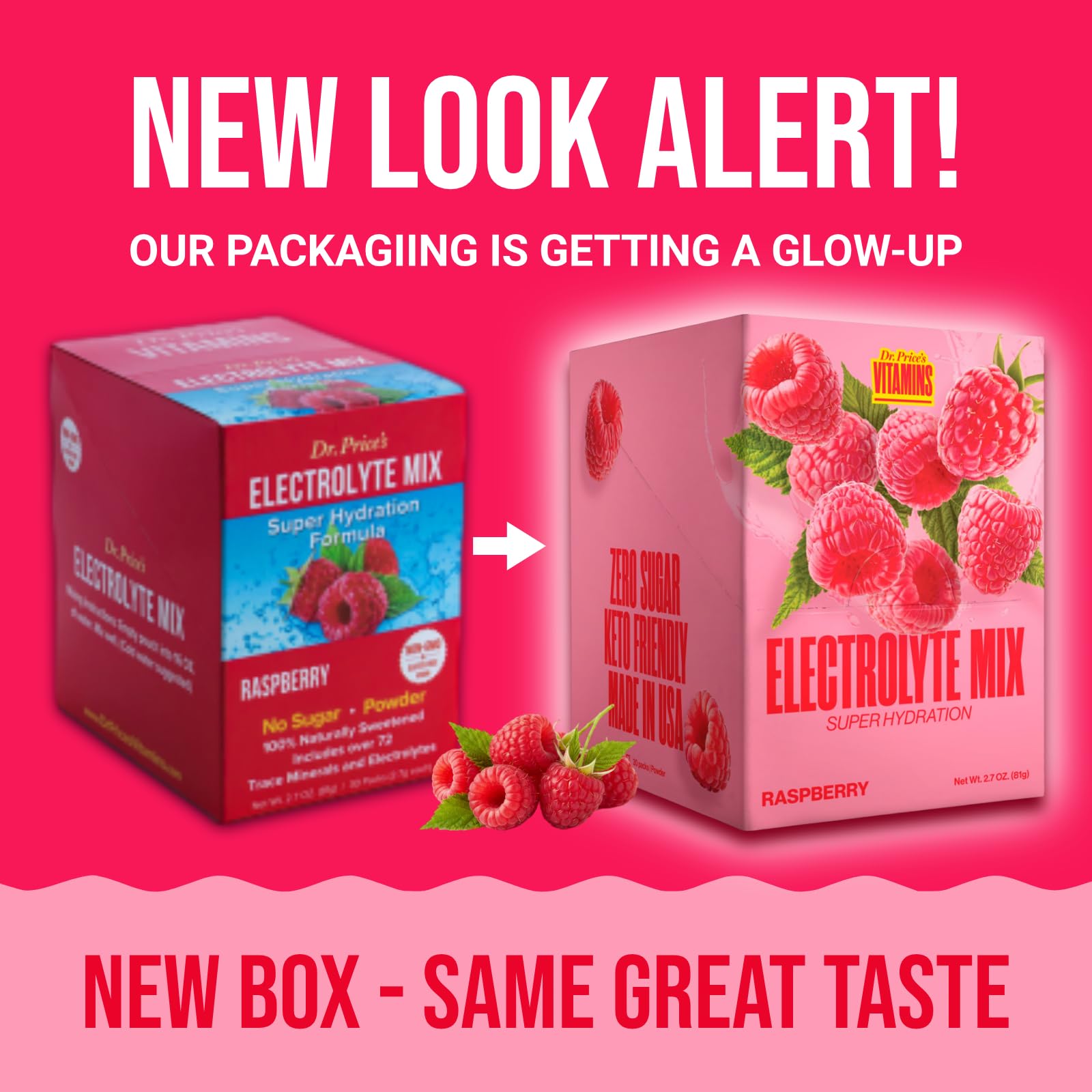 Dr Price's Électrolytes, sachet ouvert framboise, usage en déplacement.