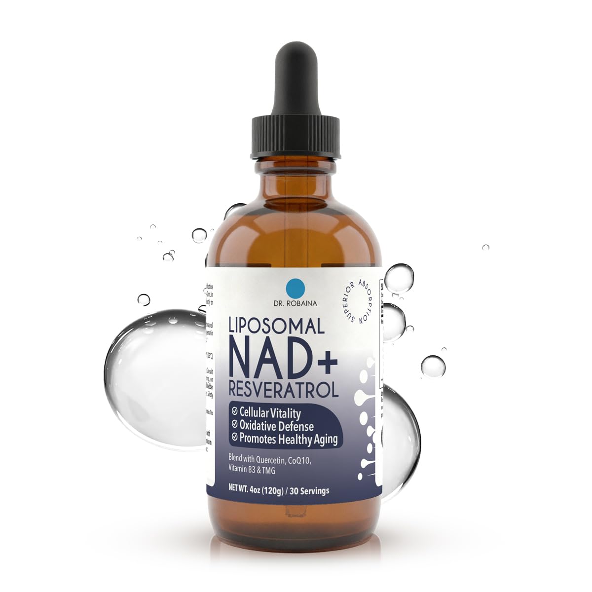 Dr. Robaina NAD⁺ liposomales, bouteille 4 ml, énergie potentielle et absorption.