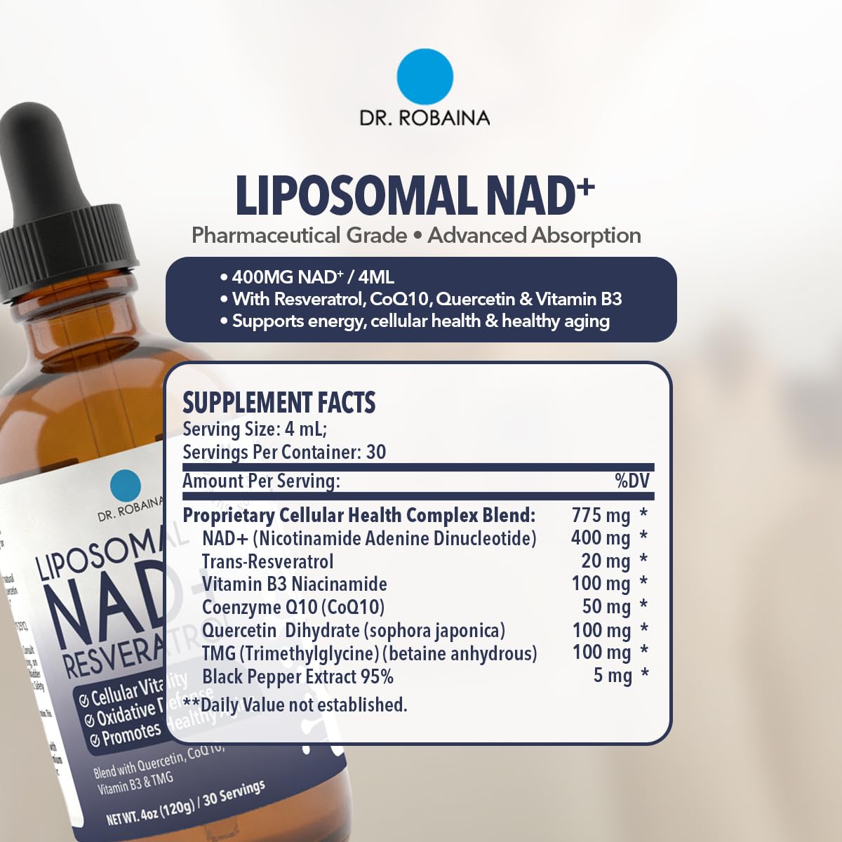 Laboratoire certifié Dr. Robaina NAD liposomales, contrôle qualité.