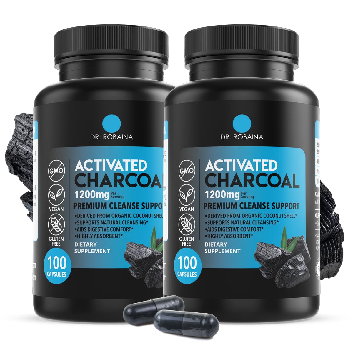 Dr. Robaina Charbon Actif 1200 mg – Capsules Vegan Sans OGM, Fabriqué aux États-Unis