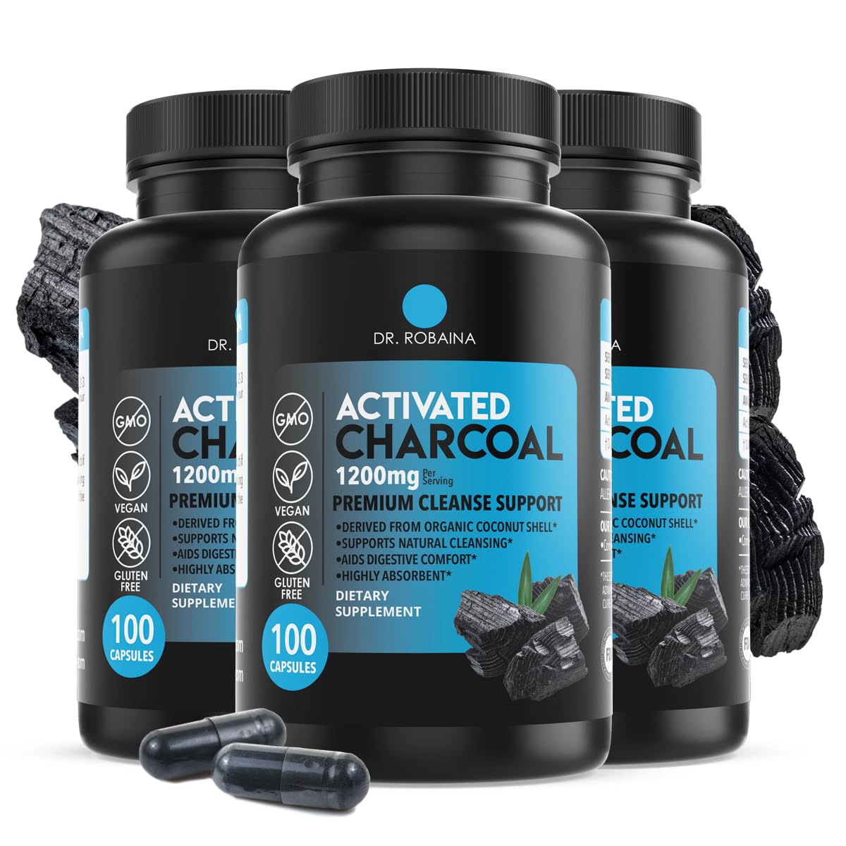 Dr. Robaina charbon actif coco capsules: adsorption rapide des gaz après repas copieux.