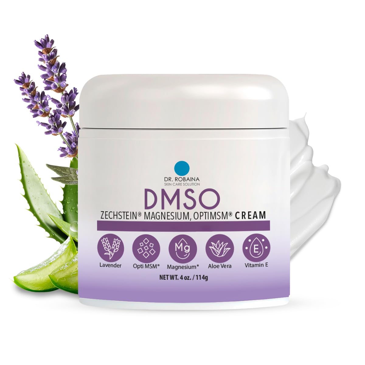 Crème DMSO à la lavande Dr. Robaina dans un pot, soin hydratant pour la peau.