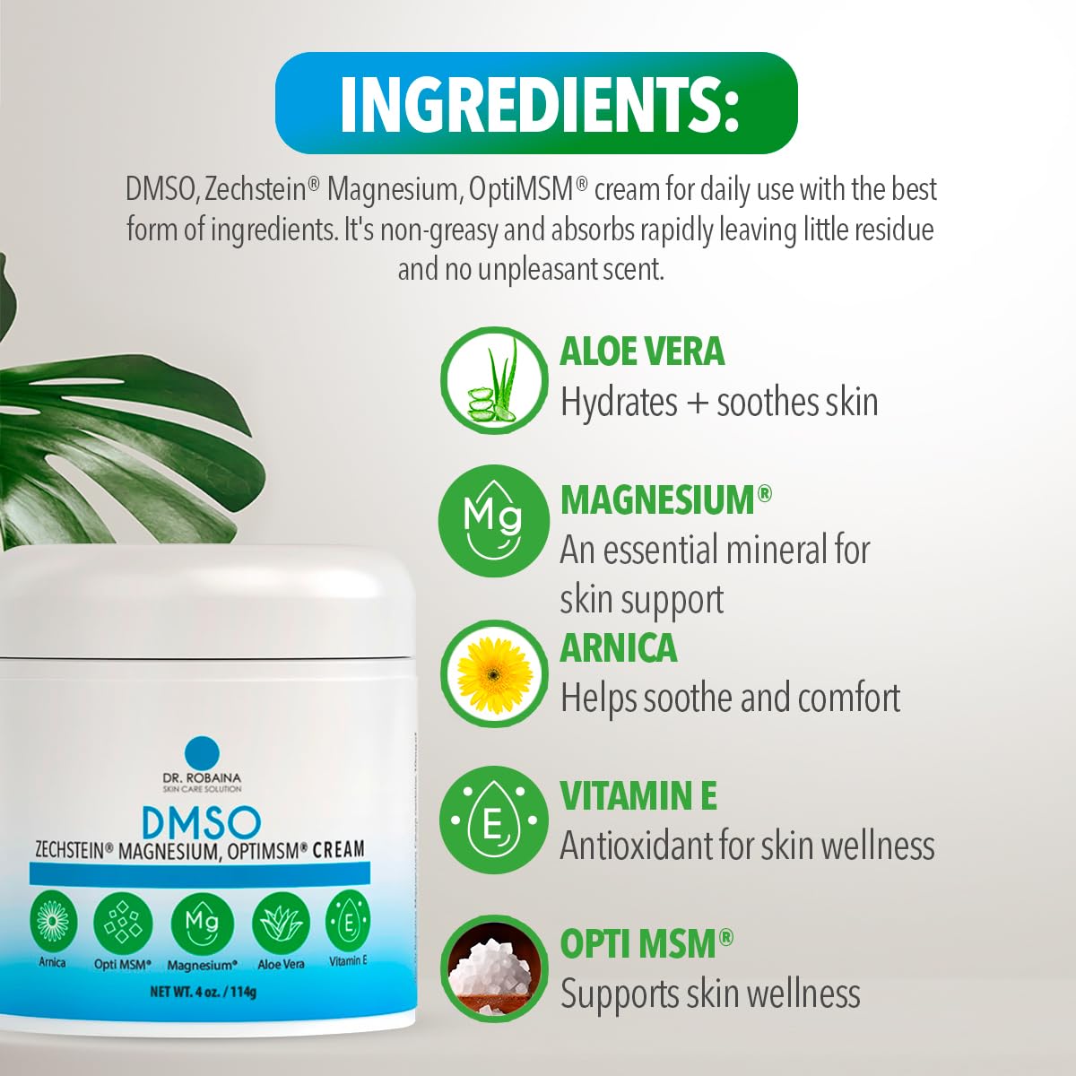 Dr. Robaina DMSO Crème — fabriquée aux États-Unis sous contrôle qualité.