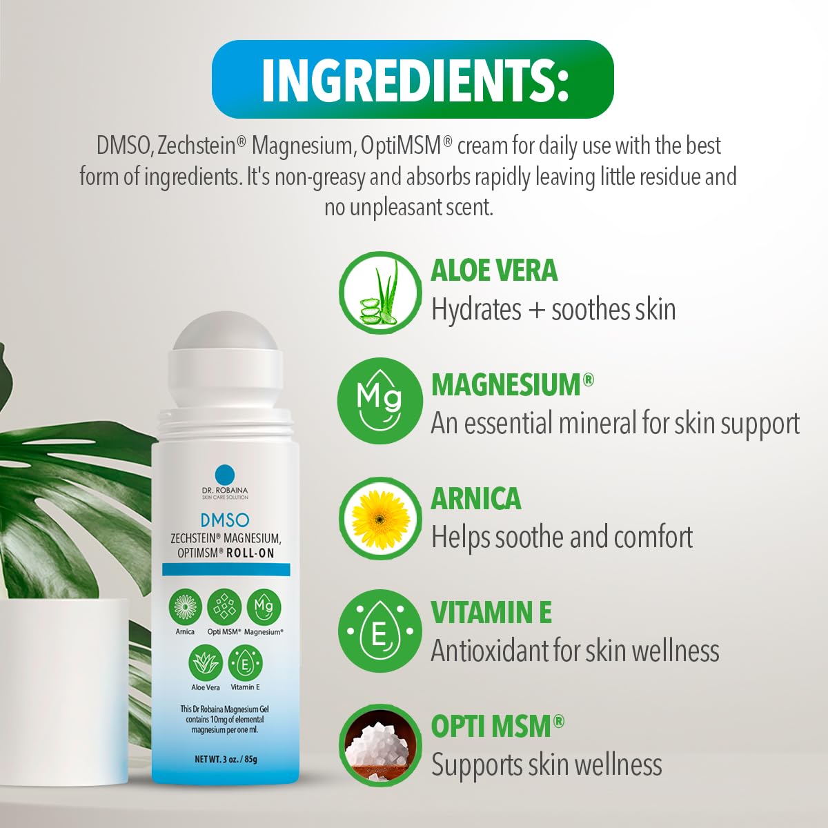 Dr. Robaina DMSO Roll-On : fabriqué aux États‑Unis selon des normes de qualité strictes.