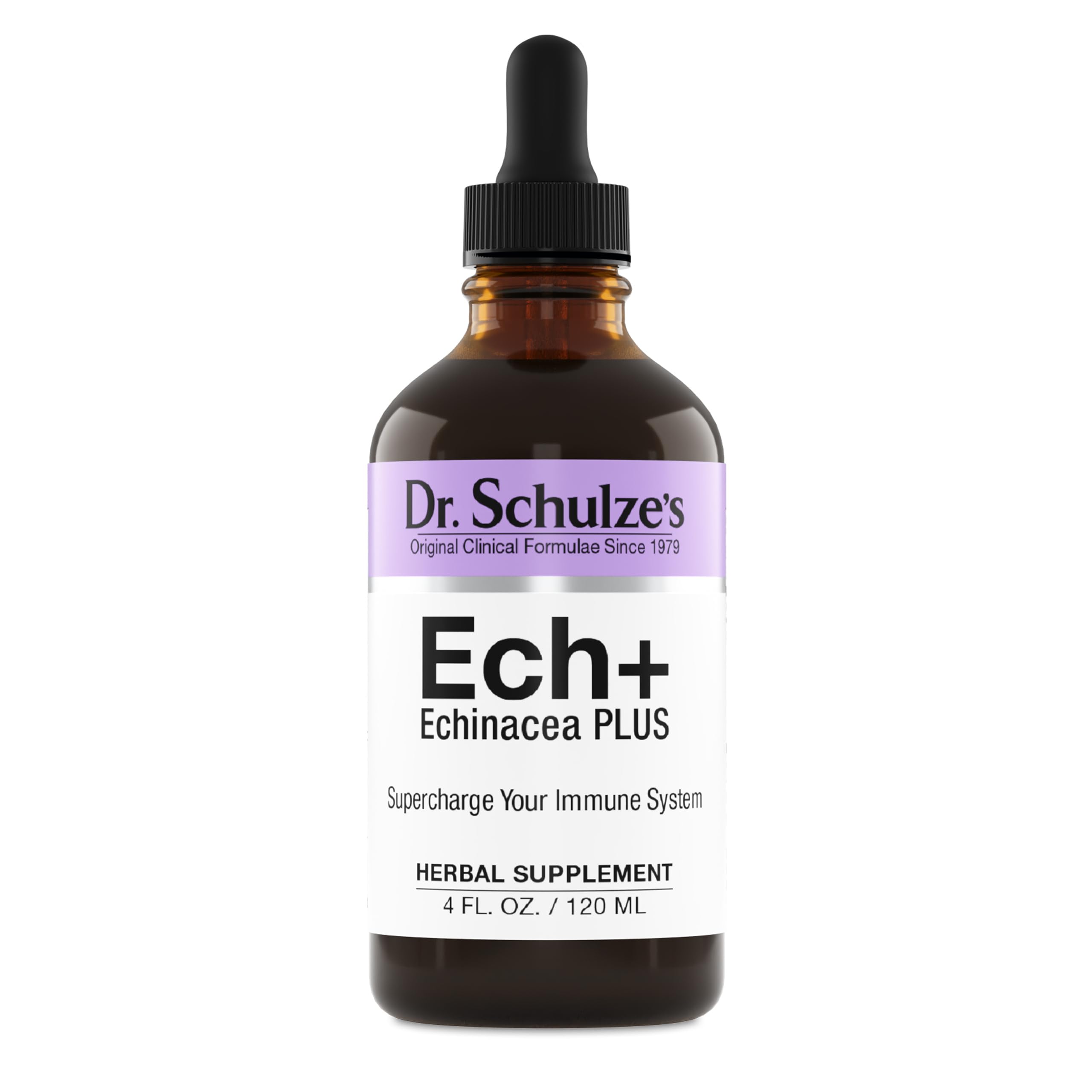 Dr. Schulze's Echinacea Plus — bouteille en verre, soutien potentiel du système immunitaire.