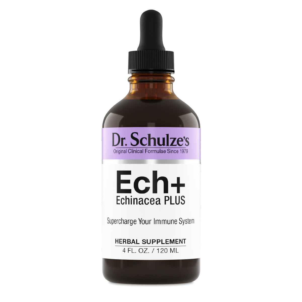 Dr. Schulze's Echinacea Plus — bouteille en verre, soutien potentiel du système immunitaire.