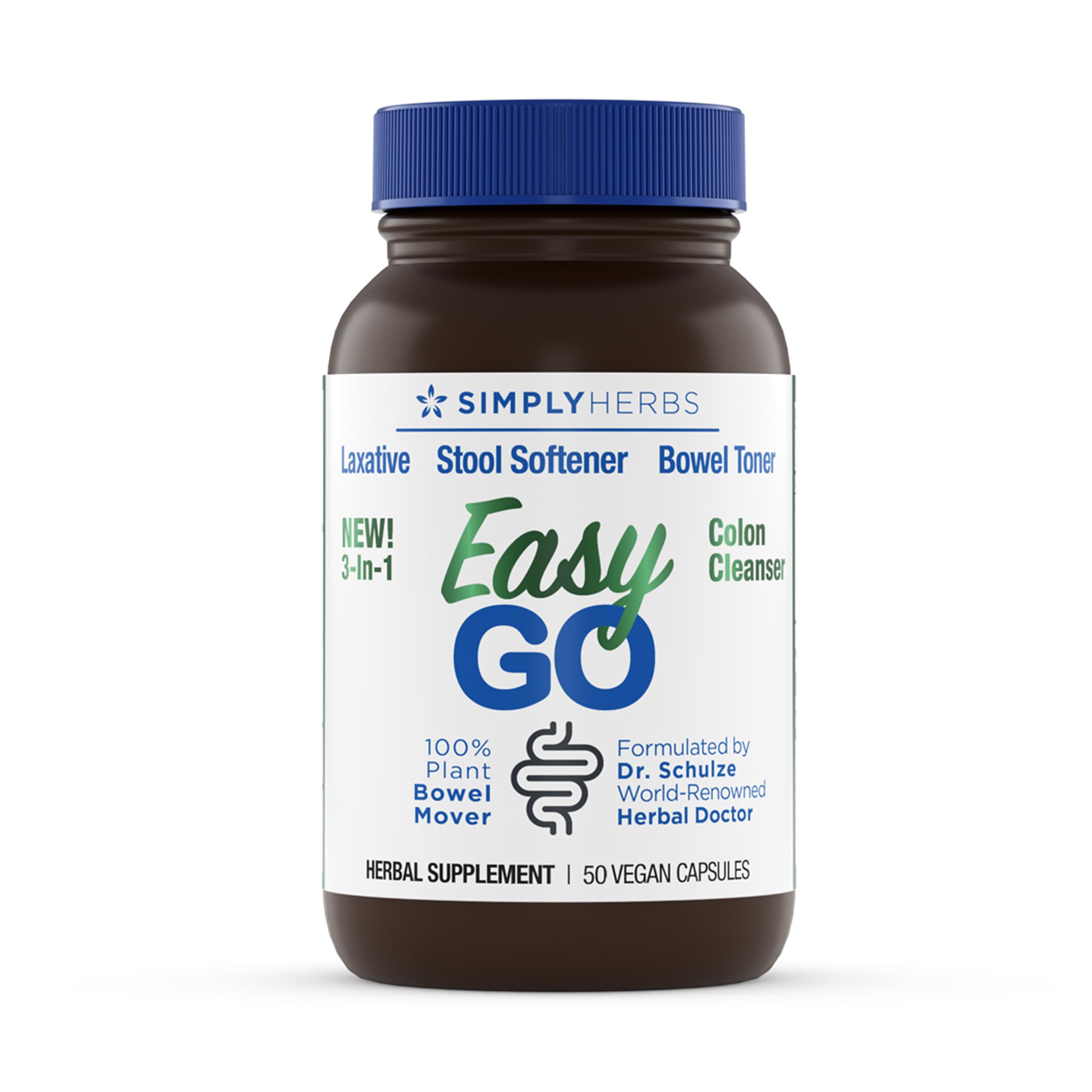 Bouteille du Dr. Schulze's Simply Herbs Easy Go Bowel Mover pour soutien digestif quotidien.