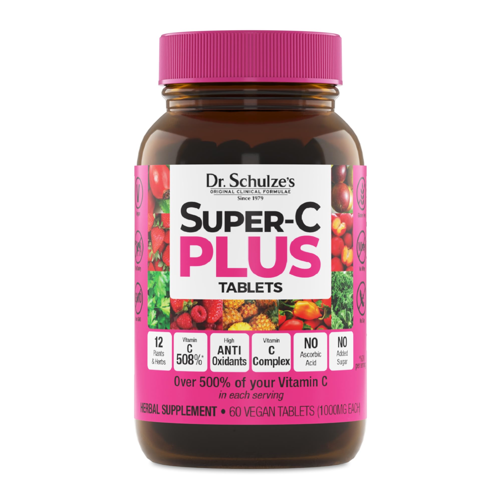 Dr. Schulze's Super-C Plus, bouteille: soutien immunitaire naturel et énergie durable.