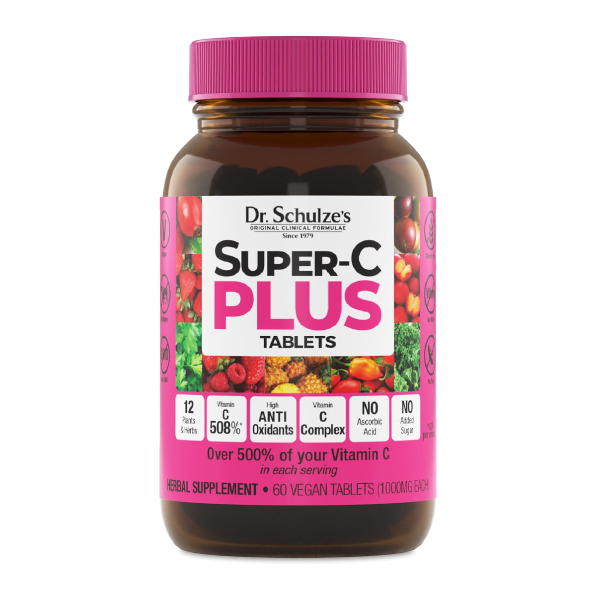 Dr. Schulze's Super-C Plus, bouteille: soutien immunitaire naturel et énergie durable.