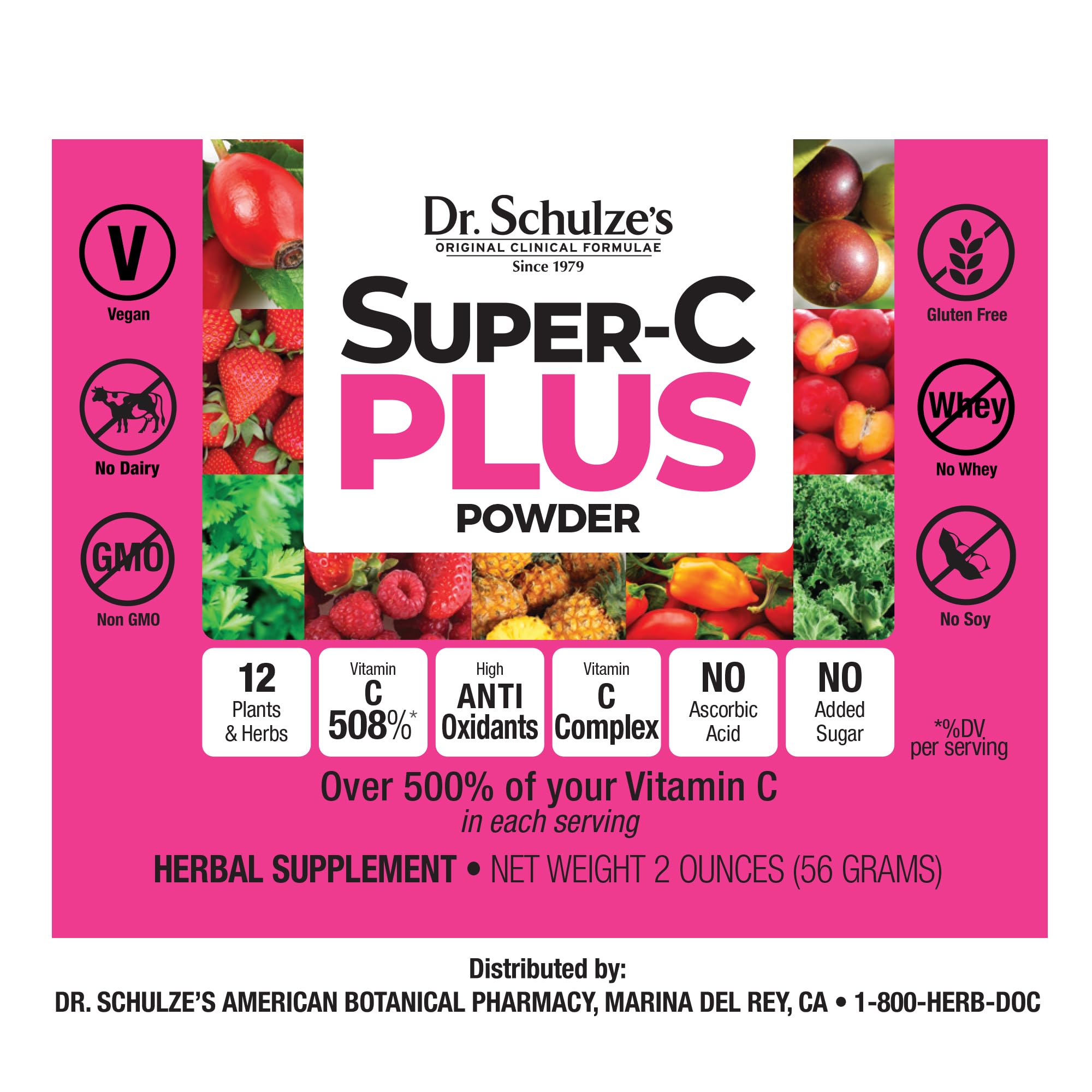 Étiquette sans gluten et végan sur Dr. Schulze's Super-C Plus
