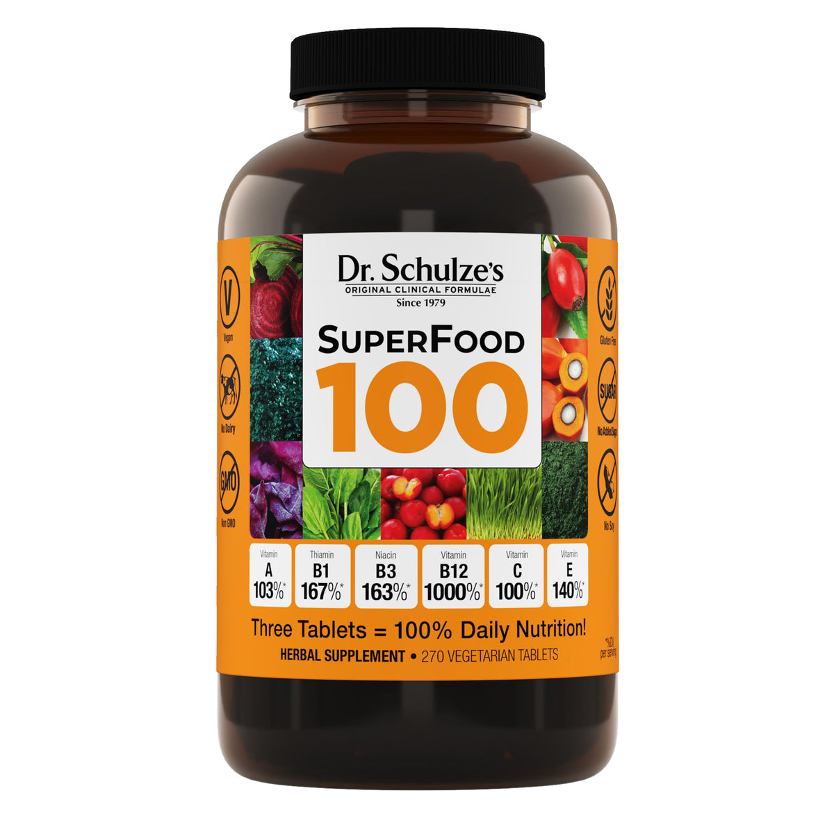 Dr. Schulze's SuperFood 100: bouteille et etiquette visibles, energie naturelle pour soutenir votre quotidien.
