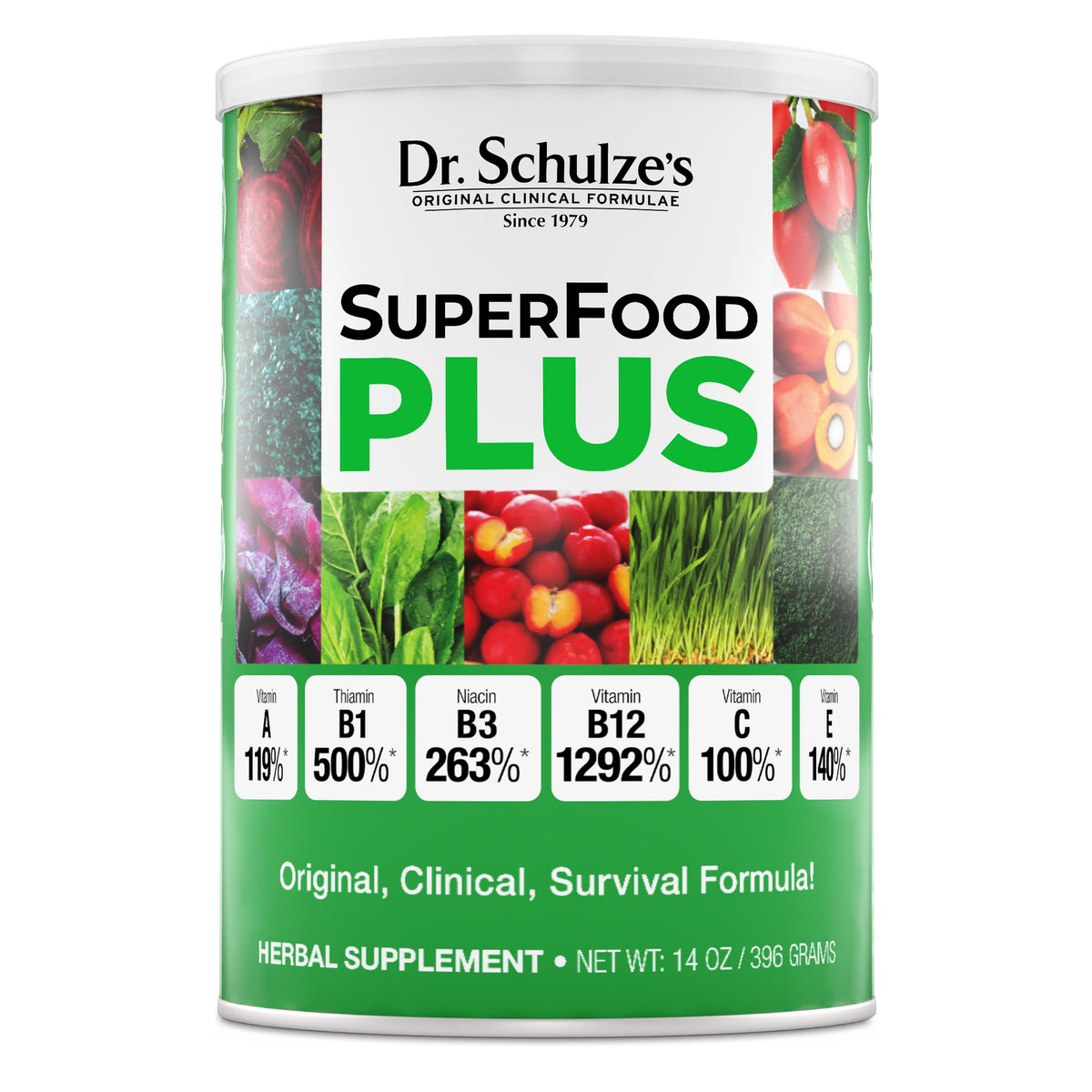 Dr. Schulze's SuperFood Plus dans une bouteille, énergie naturelle pour la journée.