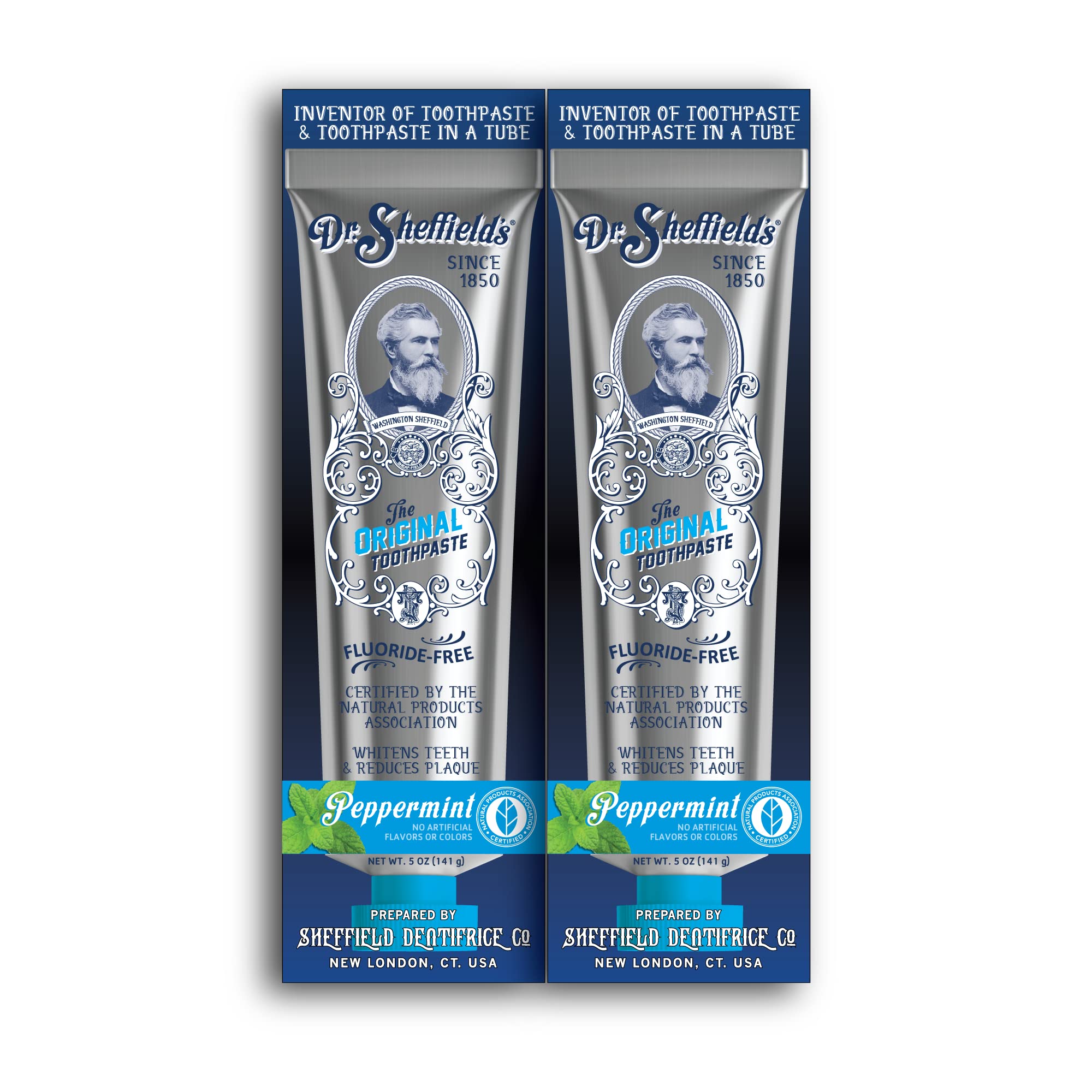 Dentifrice Dr. Sheffield's original en tube aluminium, fraîcheur durable et emballage respectueux.